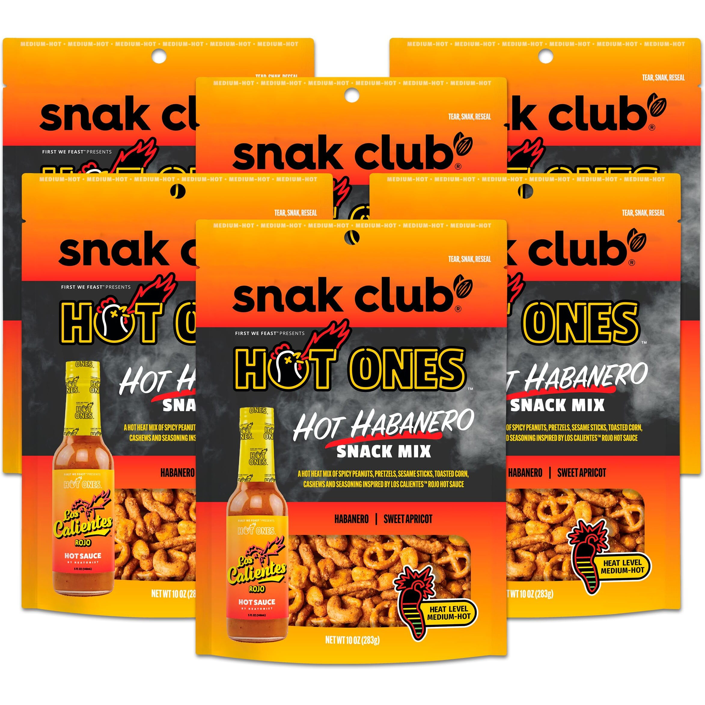 Snak Club X Hot Ones Hot Habanero Snack Mix, Spicy Snacks With Peanuts, Pretzels, Sesame Sticks, Toasted Corn & Cashews, Inspired By Hot Ones Hot Sauce, 10 Oz Resealable Bag (6 Count)