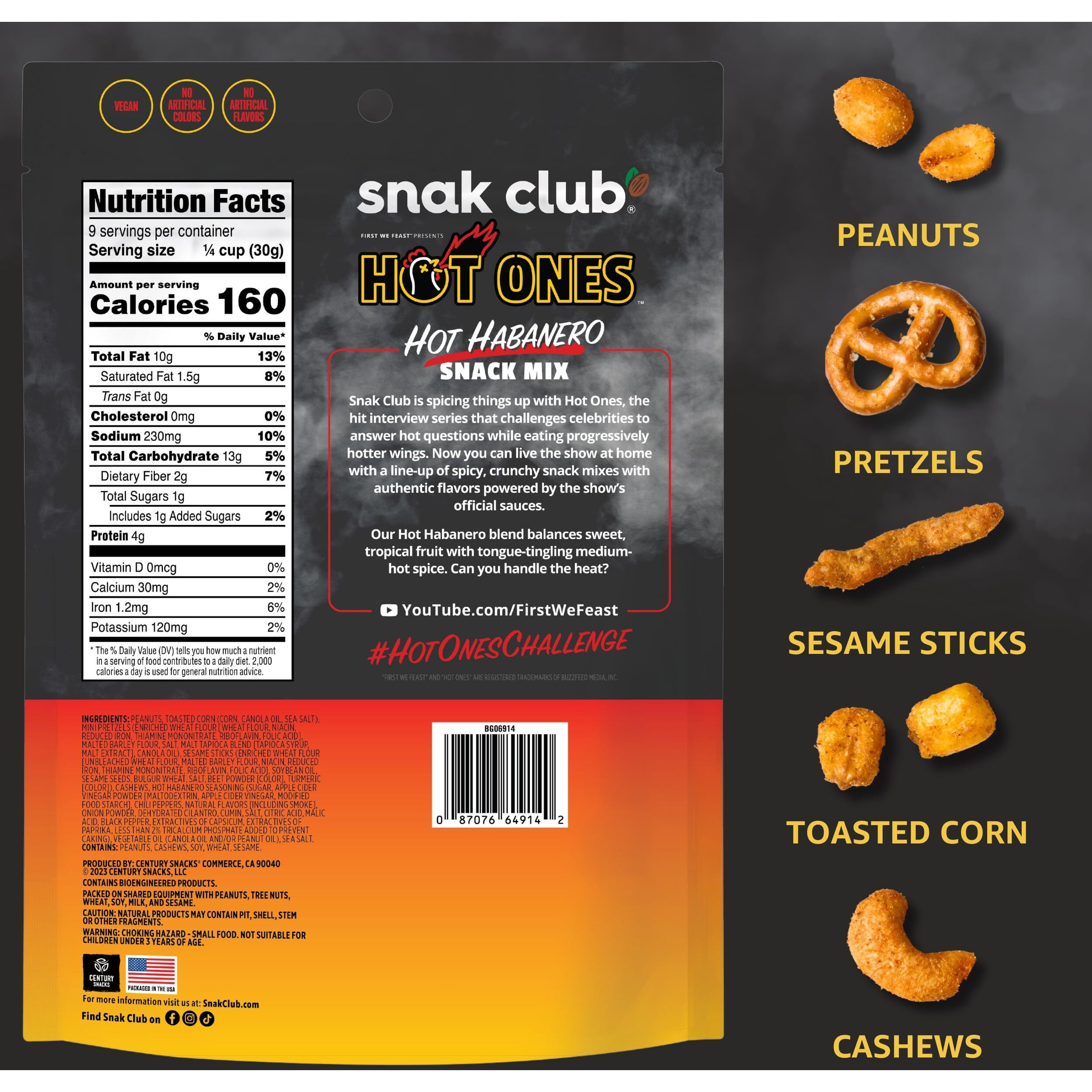 Snak Club X Hot Ones Hot Habanero Snack Mix, Spicy Snacks With Peanuts, Pretzels, Sesame Sticks, Toasted Corn & Cashews, Inspired By Hot Ones Hot Sauce, 10 Oz Resealable Bag (6 Count)