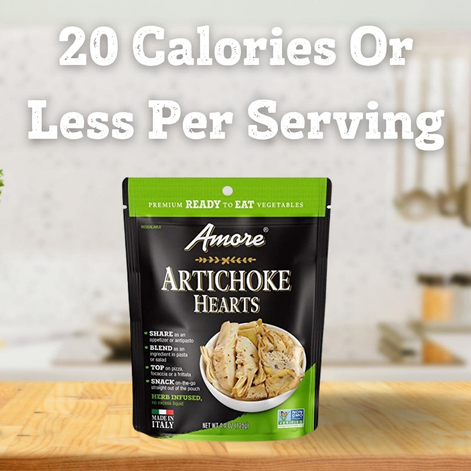 Amore Artichoke Hearts Vegan - Non Gmo Certified Ready-To-Eat Herb Infused Vegetables In Resealable Bags, 4.4 Ounce (Pack Of 10)