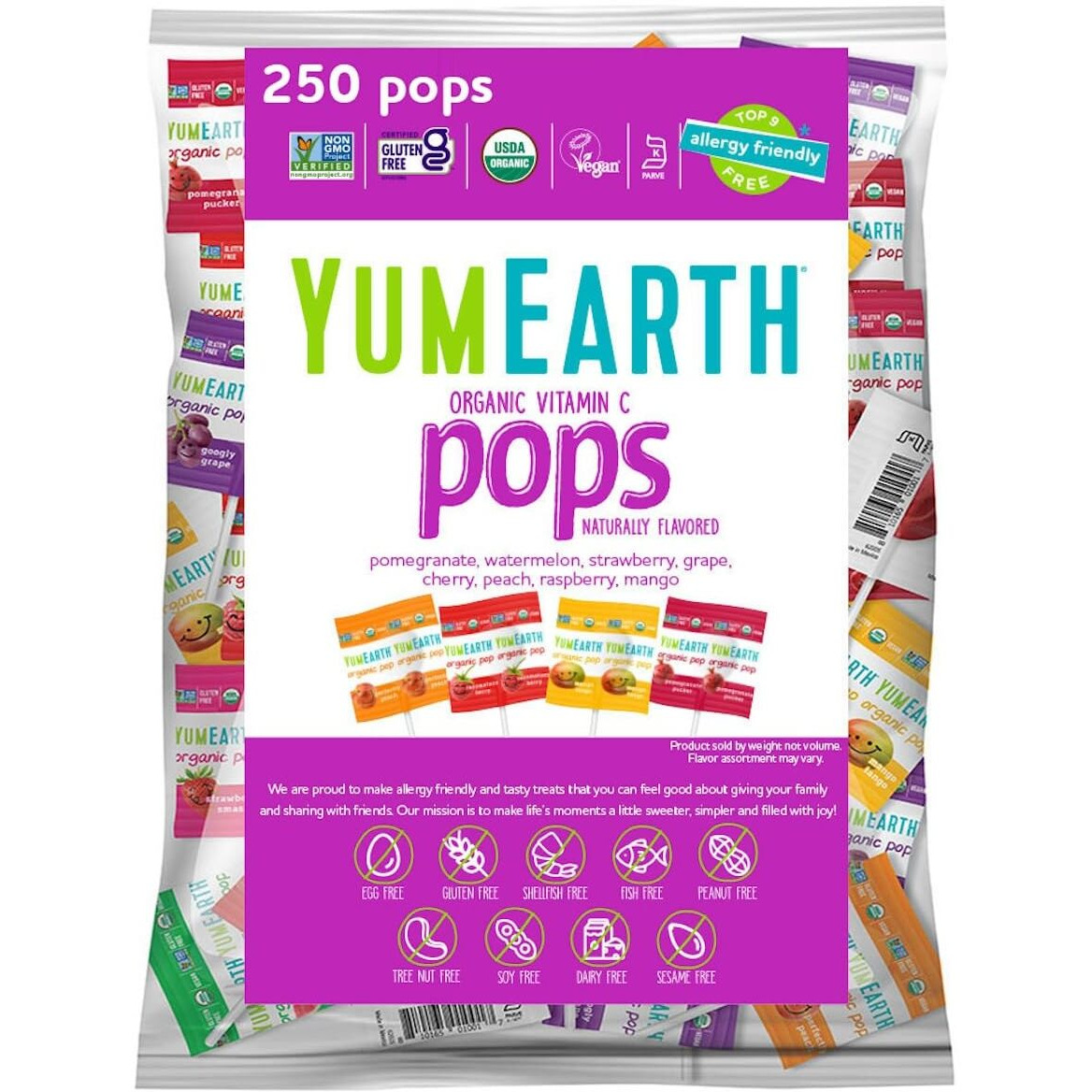 Yumearth Organic Vitamin C Pops Variety Pack, 250 Fruit Flavored Favorites Lollipops, Allergy Friendly, Gluten Free, Non-Gmo, Vegan, No Artificial Flavors Or Dyes