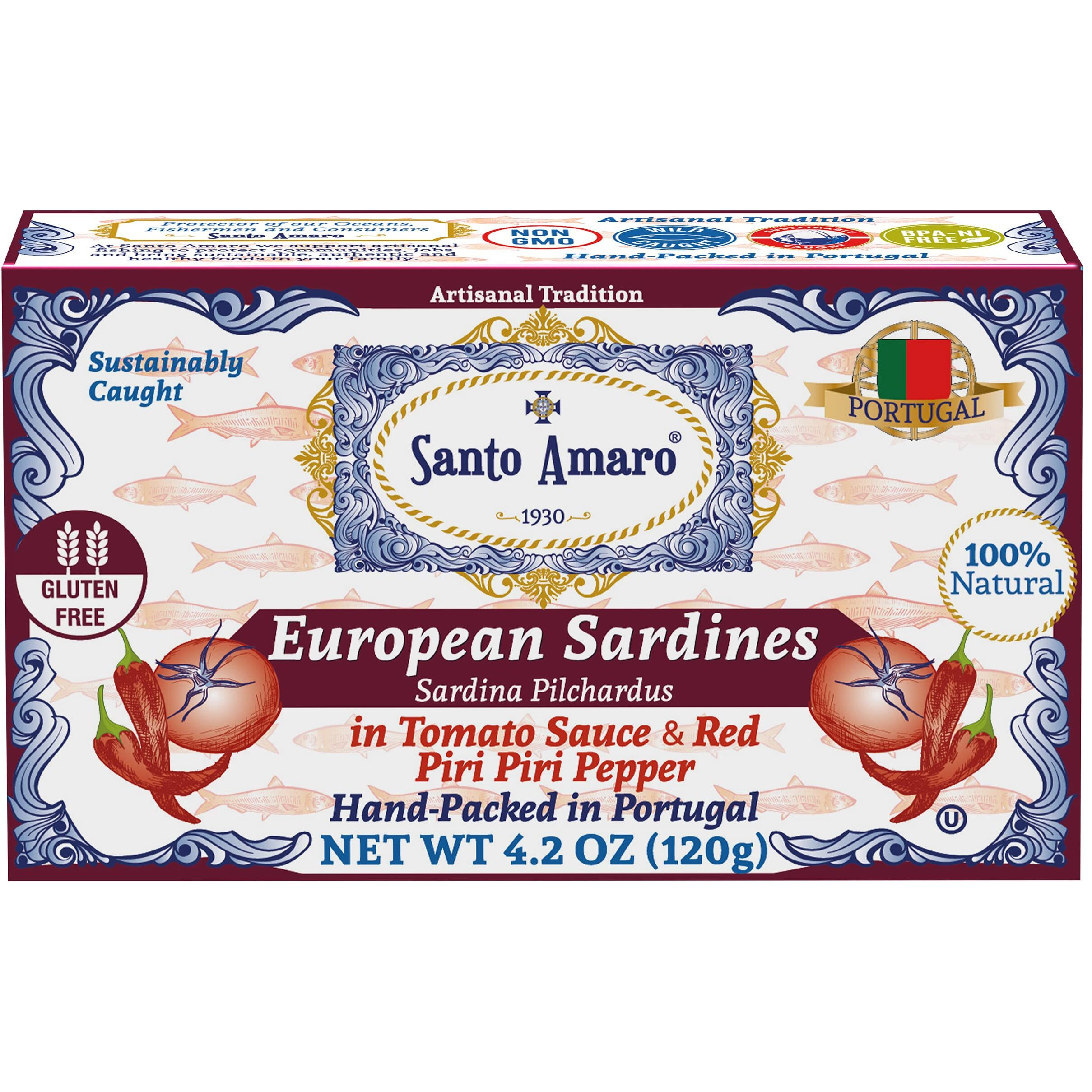 Santo Amaro - Authentic European Sardines In Tomato Sauce & Red Piri Piri Pepper, Hand-Packed Canned Sardines In Spicy Sauce From Portugal, Portuguese Sardines, Low Mercury, 23G Protein, Pack Of 12