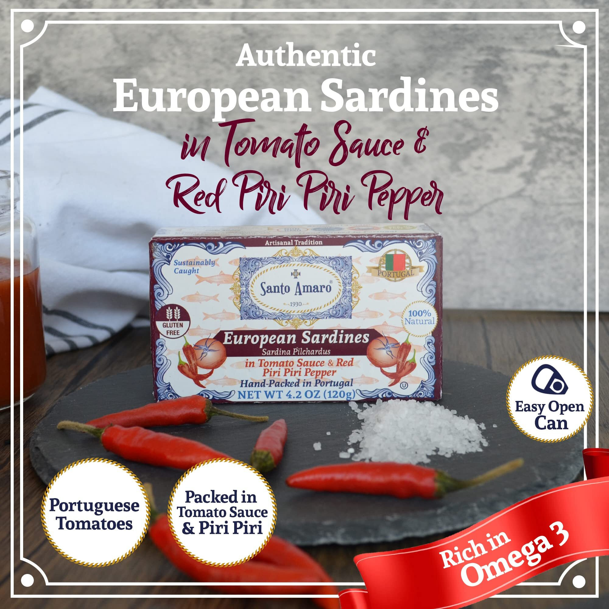Santo Amaro - Authentic European Sardines In Tomato Sauce & Red Piri Piri Pepper, Hand-Packed Canned Sardines In Spicy Sauce From Portugal, Portuguese Sardines, Low Mercury, 23G Protein, Pack Of 12