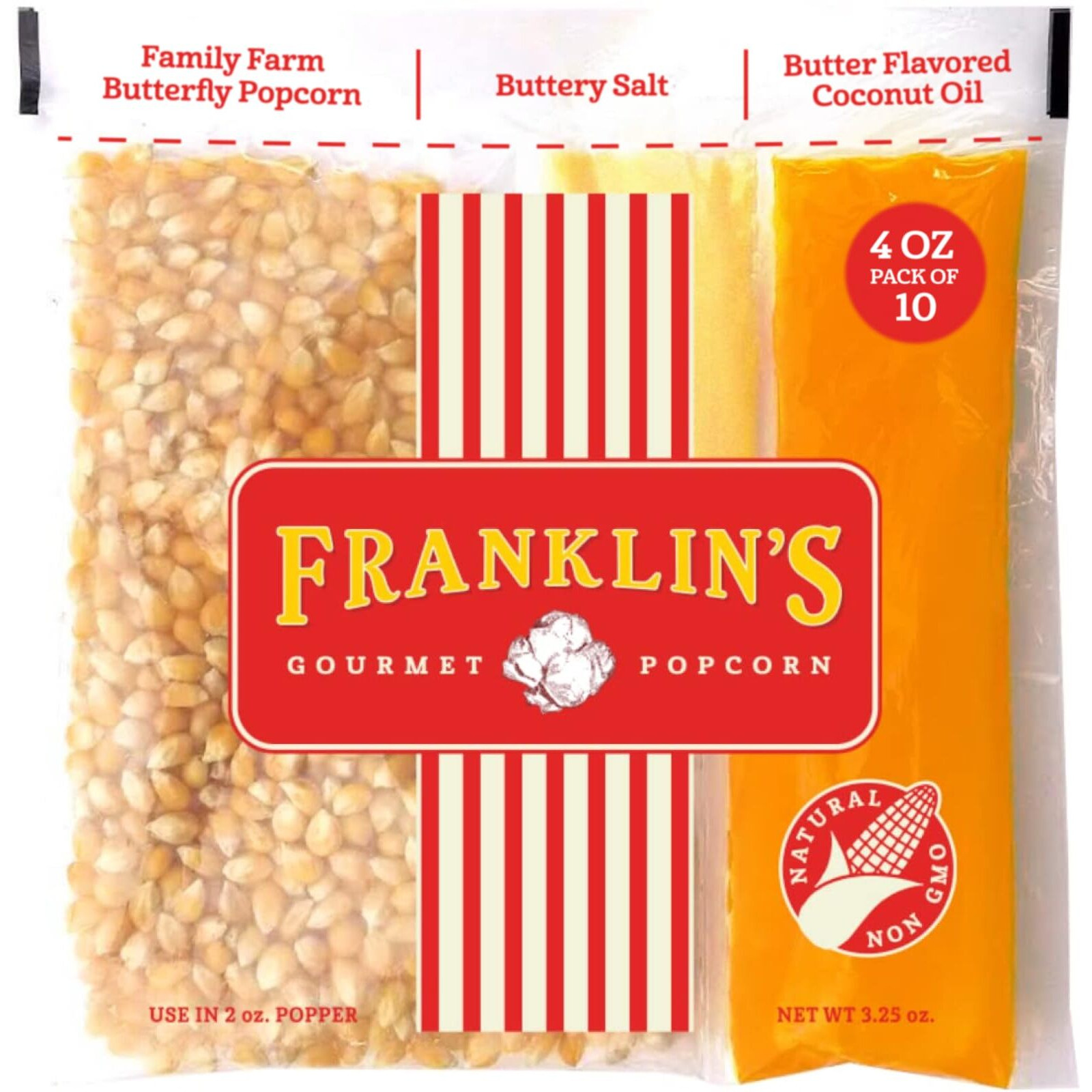 Franklins Gourmet Popcorn All-In-One Popcorn Packs For Popcorn Machine - 4Oz Pack Of 10 - Made In Usa - Packs Of Popcorn Bags With Buttery Salt & Oil