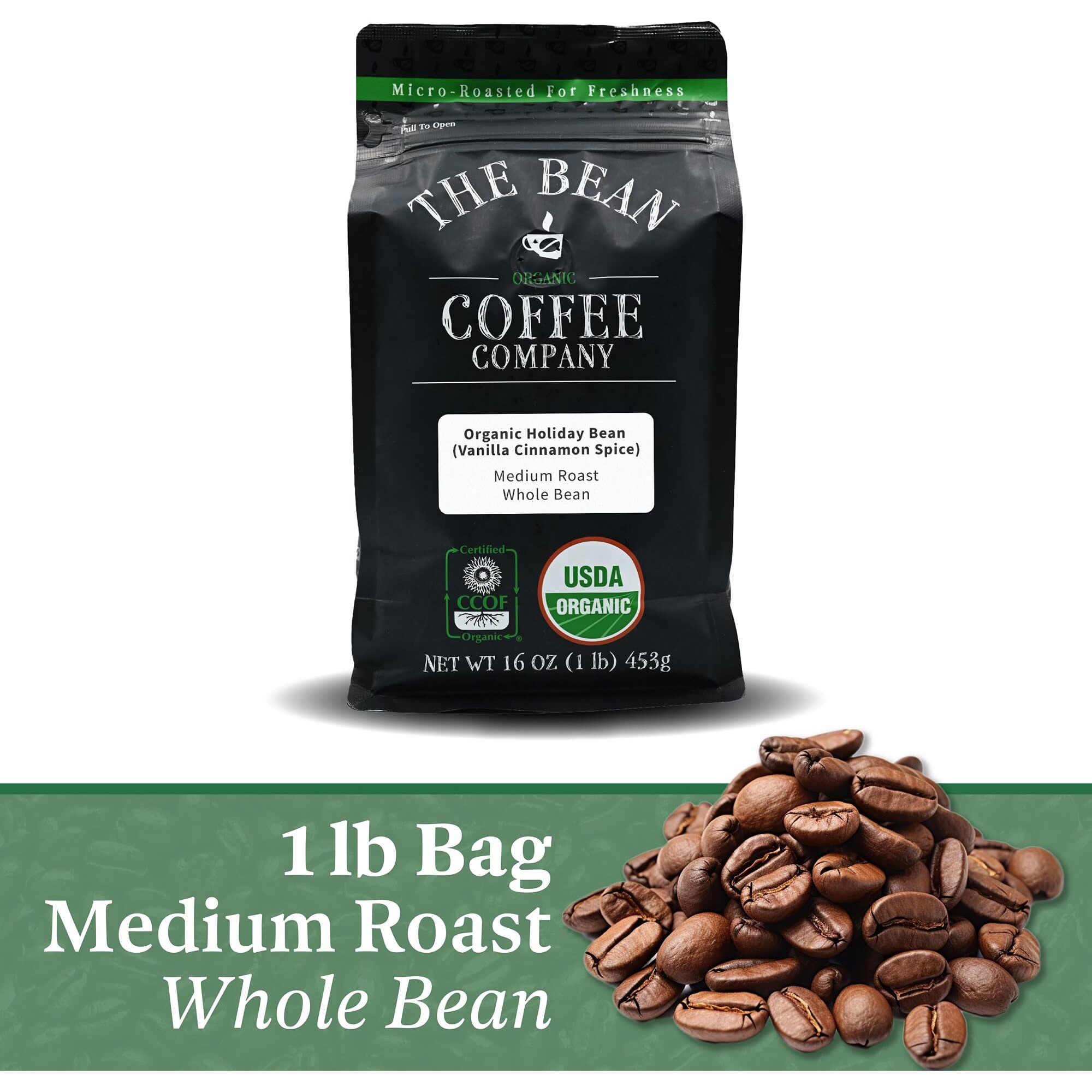 The Bean Organic Coffee Company Holiday Bean (Vanilla Cinnamon Spice), Medium Roast, Whole Bean Coffee, 16-Ounce Bag