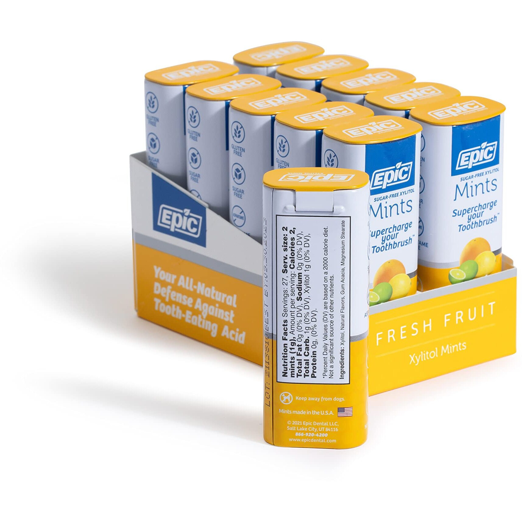 Epic Xylitol Mints - Sugar Free & Aspartame Free Mints Sweetened W/Xylitol For Dry Mouth & Gum Health (Fresh Fruit, 55-Piece Tin, 10 Tins)