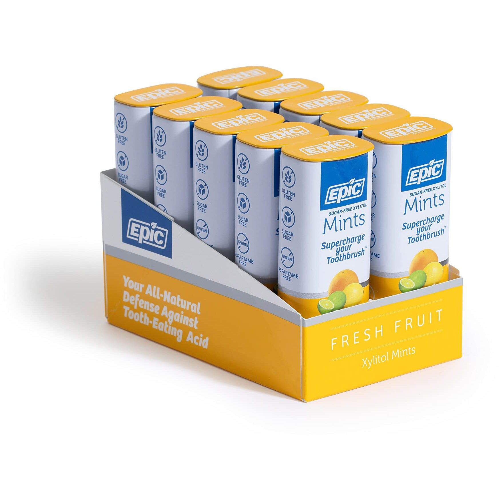 Epic Xylitol Mints - Sugar Free & Aspartame Free Mints Sweetened W/Xylitol For Dry Mouth & Gum Health (Fresh Fruit, 55-Piece Tin, 10 Tins)
