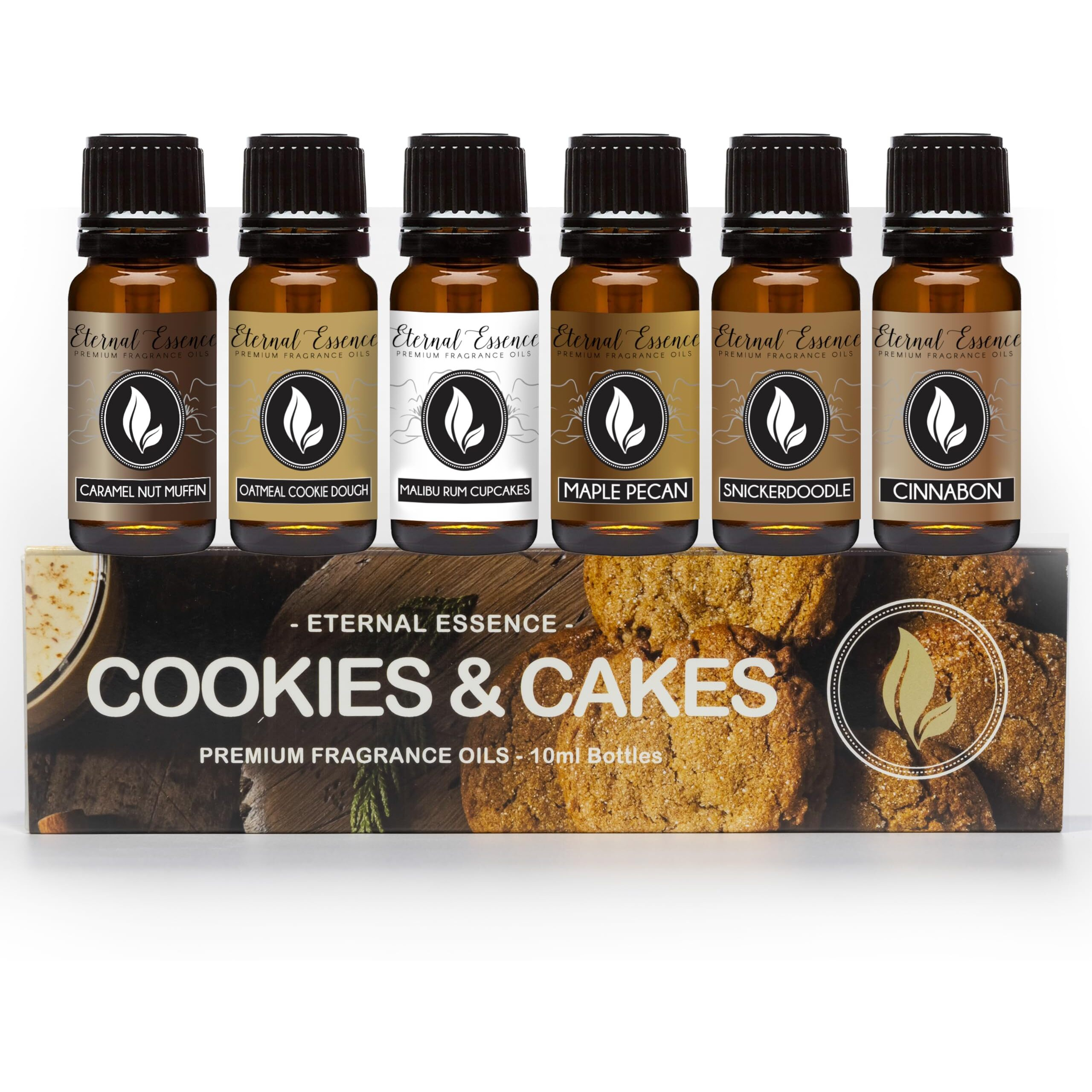 Eternal Essence Oils Cookies & Cakes Set Of 6 Premium Fragrance Oils - Includes Caramel Nut Muffin, Oatmeal Cookie Dough, Malibu Rum Cupcakes, Maple Pecan, Snickerdoodle, And Cinnabon - 10Ml
