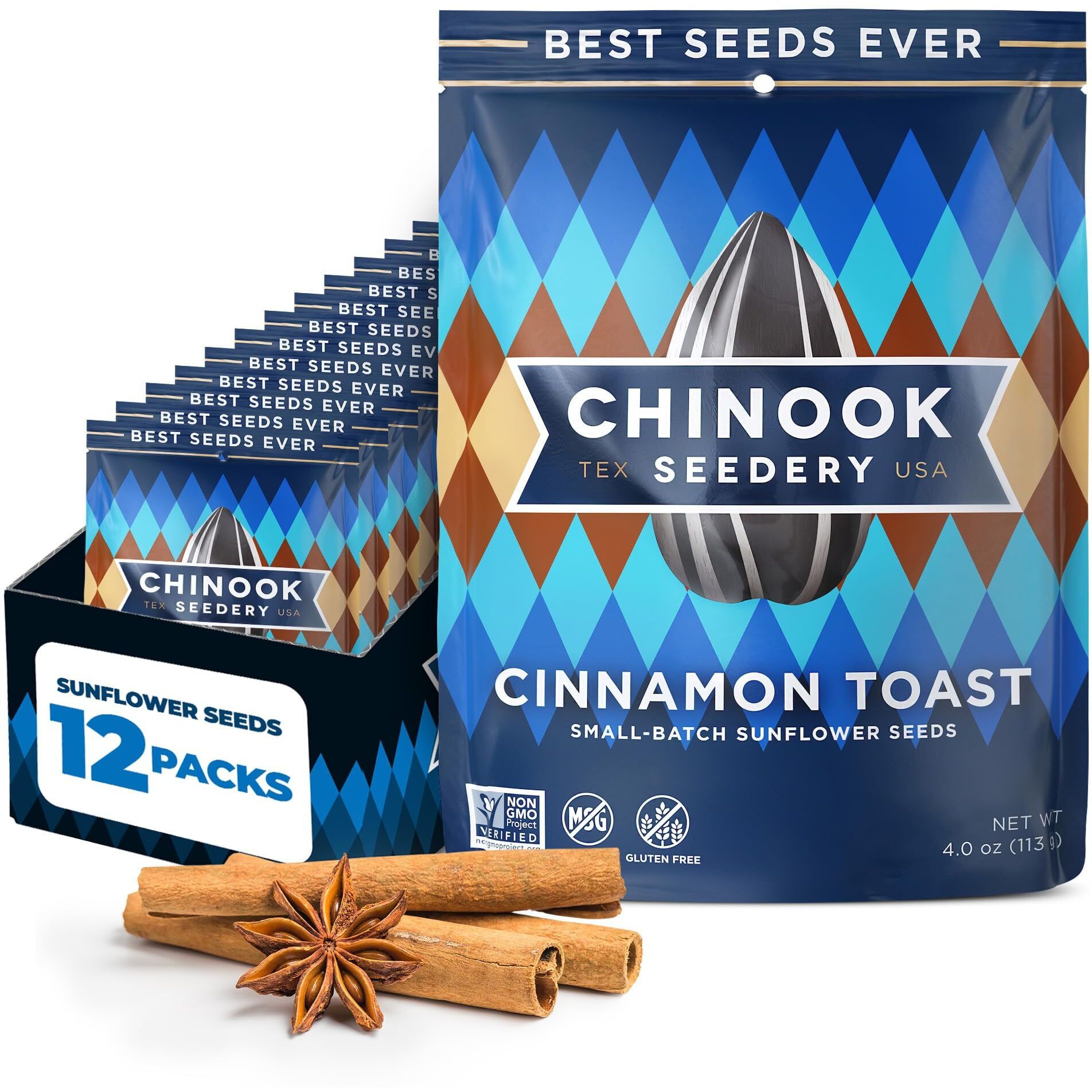 Chinook Seedery Roasted Jumbo Sunflower Seeds - Keto Snacks - Best For Snack Packs - Gluten Free, Non Gmo Snack Food Gifts - 4 Ounce (Pack Of 12) - Cinnamon Toast Flavor