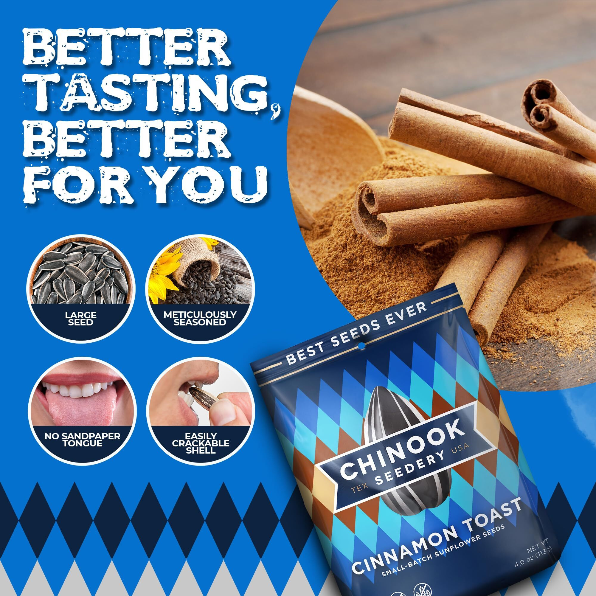 Chinook Seedery Roasted Jumbo Sunflower Seeds - Keto Snacks - Best For Snack Packs - Gluten Free, Non Gmo Snack Food Gifts - 4 Ounce (Pack Of 12) - Cinnamon Toast Flavor