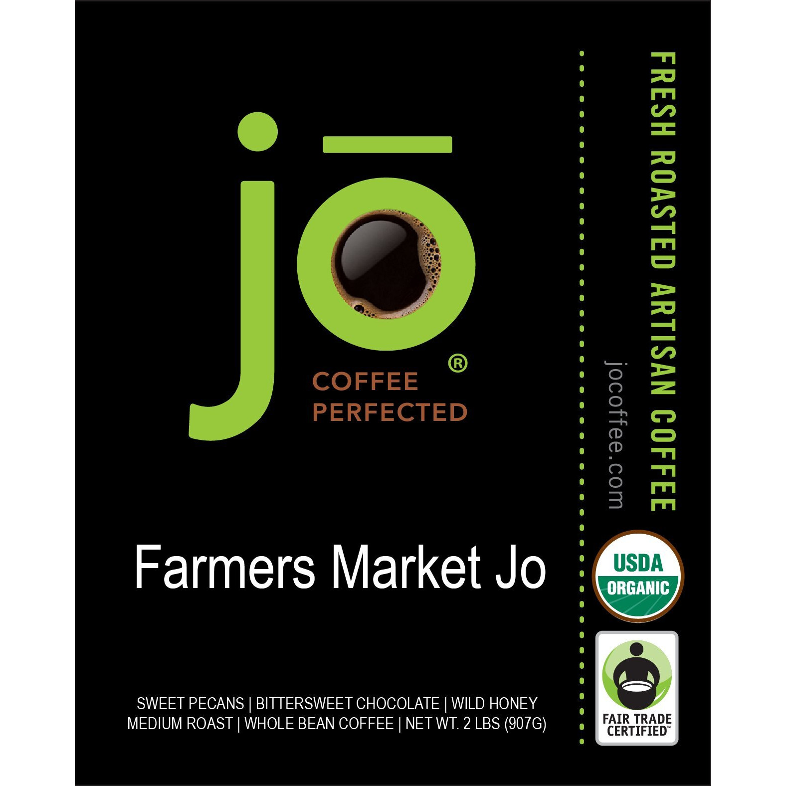 Farmers Market Jo 2 Lb, Organic Whole Bean Coffee, Lighter Roast, 100% Usda Certified Organic, Fair Trade Certified, Kosher, Soft Velvet Feel, 100% Arabica Specialty Coffee, Non-Gmo, Gluten Free