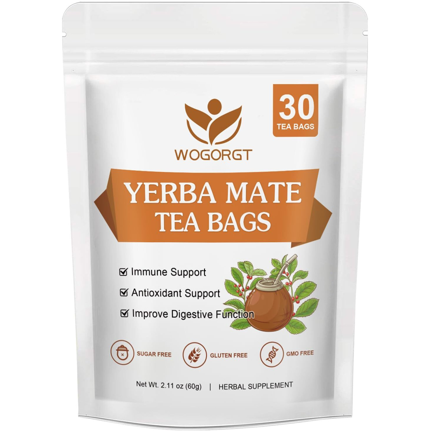 Yerba Mate Tea - Unsmoked Yerba Mate Herbal Tea Bags For Antioxidant, Detox, Digestion And Immune Support, Boost Energy - 30 Tea Bags