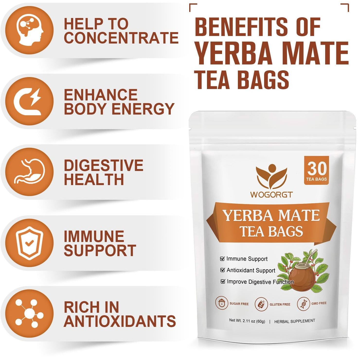 Yerba Mate Tea - Unsmoked Yerba Mate Herbal Tea Bags For Antioxidant, Detox, Digestion And Immune Support, Boost Energy - 30 Tea Bags