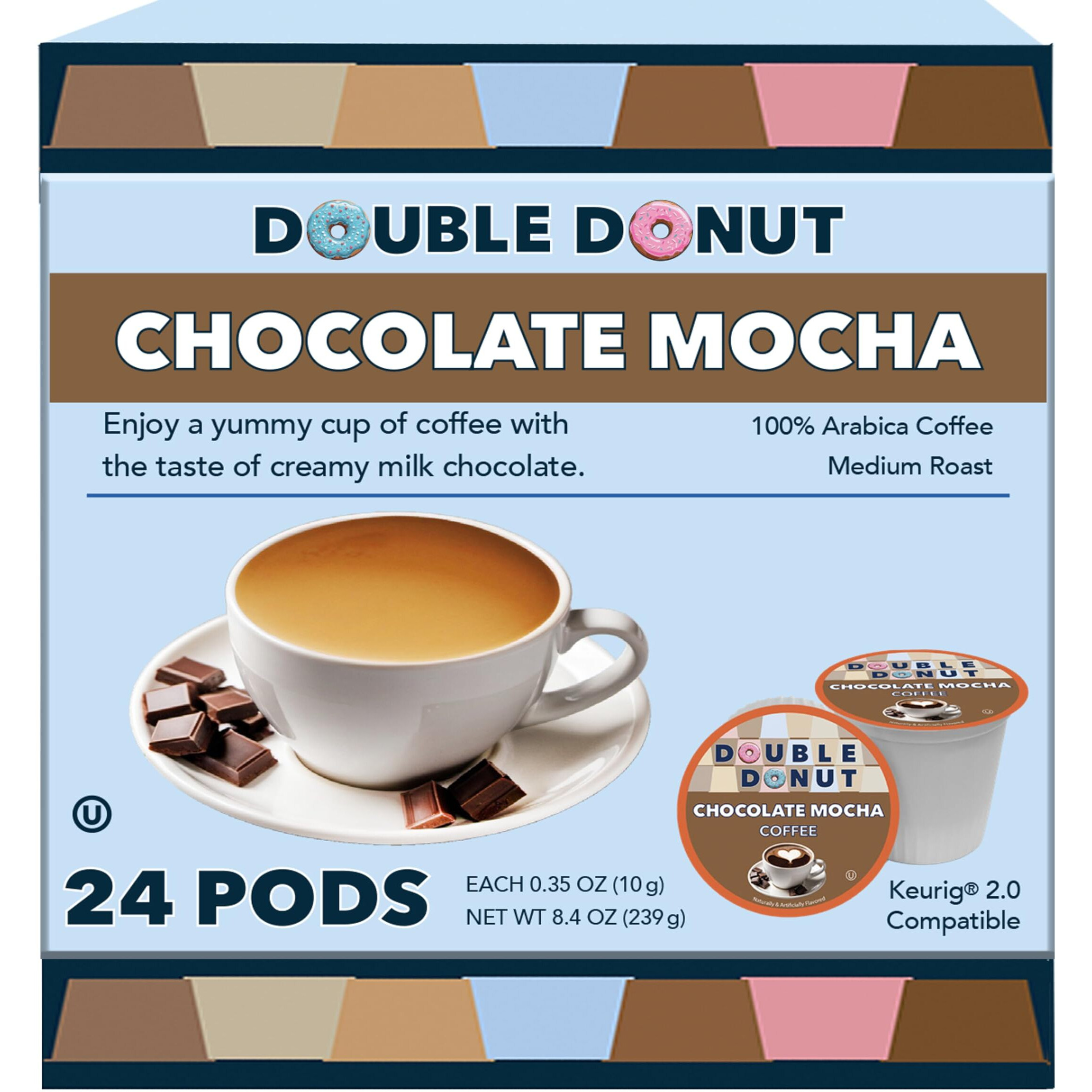 Double Donut Chocolate Mocha Coffee Pods, Single Serve Mocha Pods For Keurig K Cup Brewers, Rich, Creamy Coffee Pods Mocha For Chocolate Coffee Lovers, 24 Count