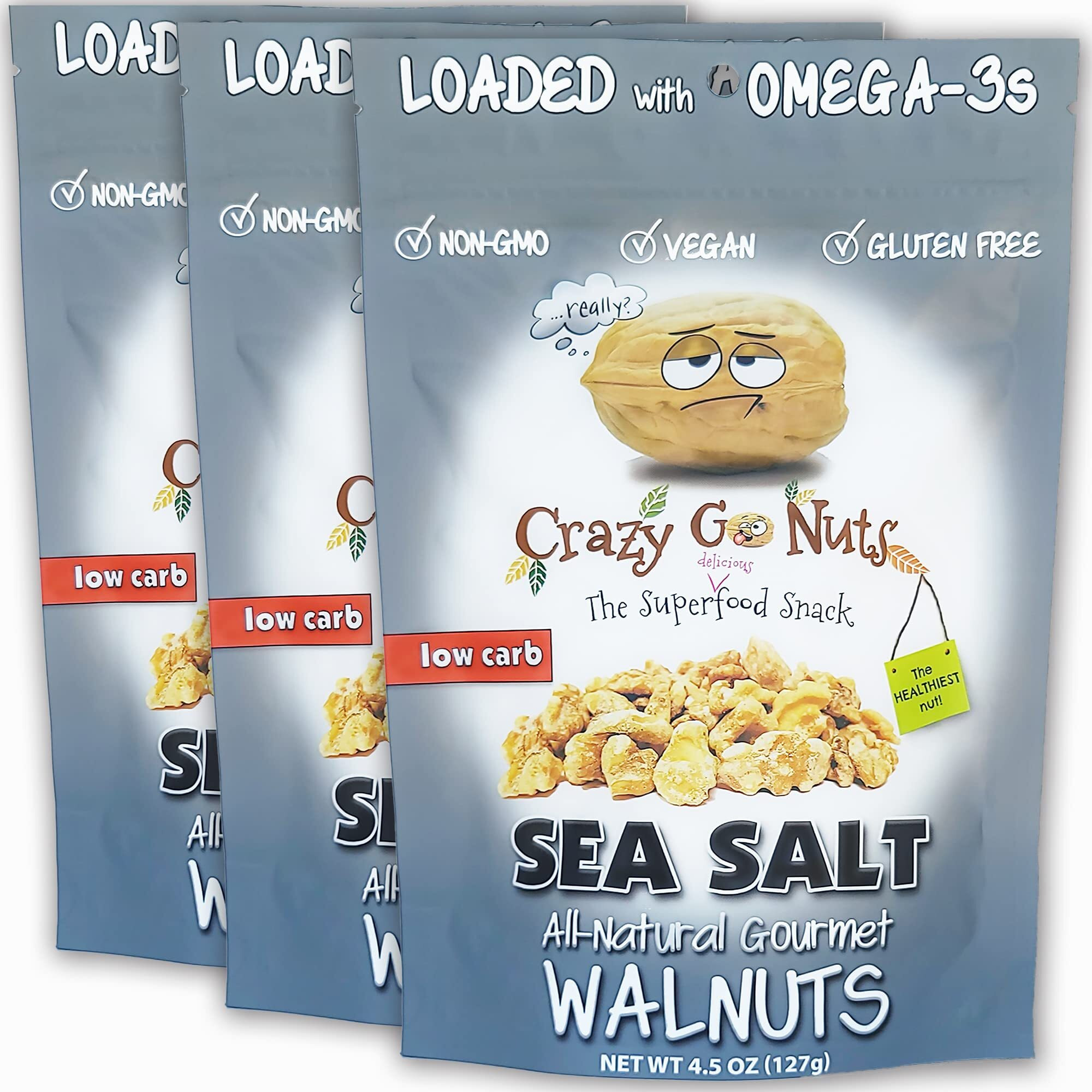 Crazy Go Nuts Walnuts - Plain With Sea Salt, 4.5 Oz (3-Pack) - Healthy Snacks, Vegan, Low Carb, Gluten Free, Superfood - Natural, Non-Gmo, Ala, Omega 3 Fatty Acids, Good Fats, And Antioxidants