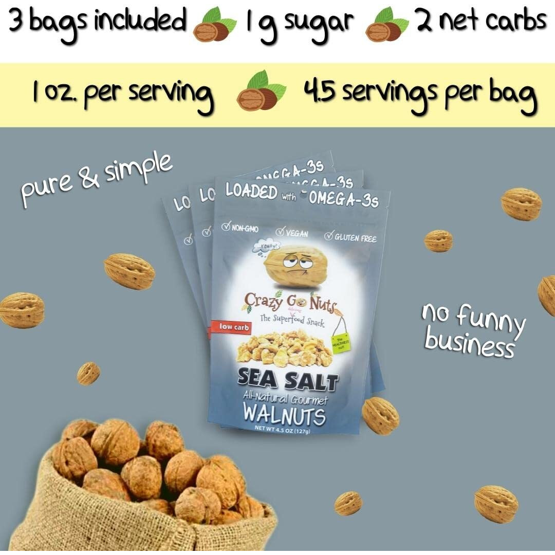 Crazy Go Nuts Walnuts - Plain With Sea Salt, 4.5 Oz (3-Pack) - Healthy Snacks, Vegan, Low Carb, Gluten Free, Superfood - Natural, Non-Gmo, Ala, Omega 3 Fatty Acids, Good Fats, And Antioxidants