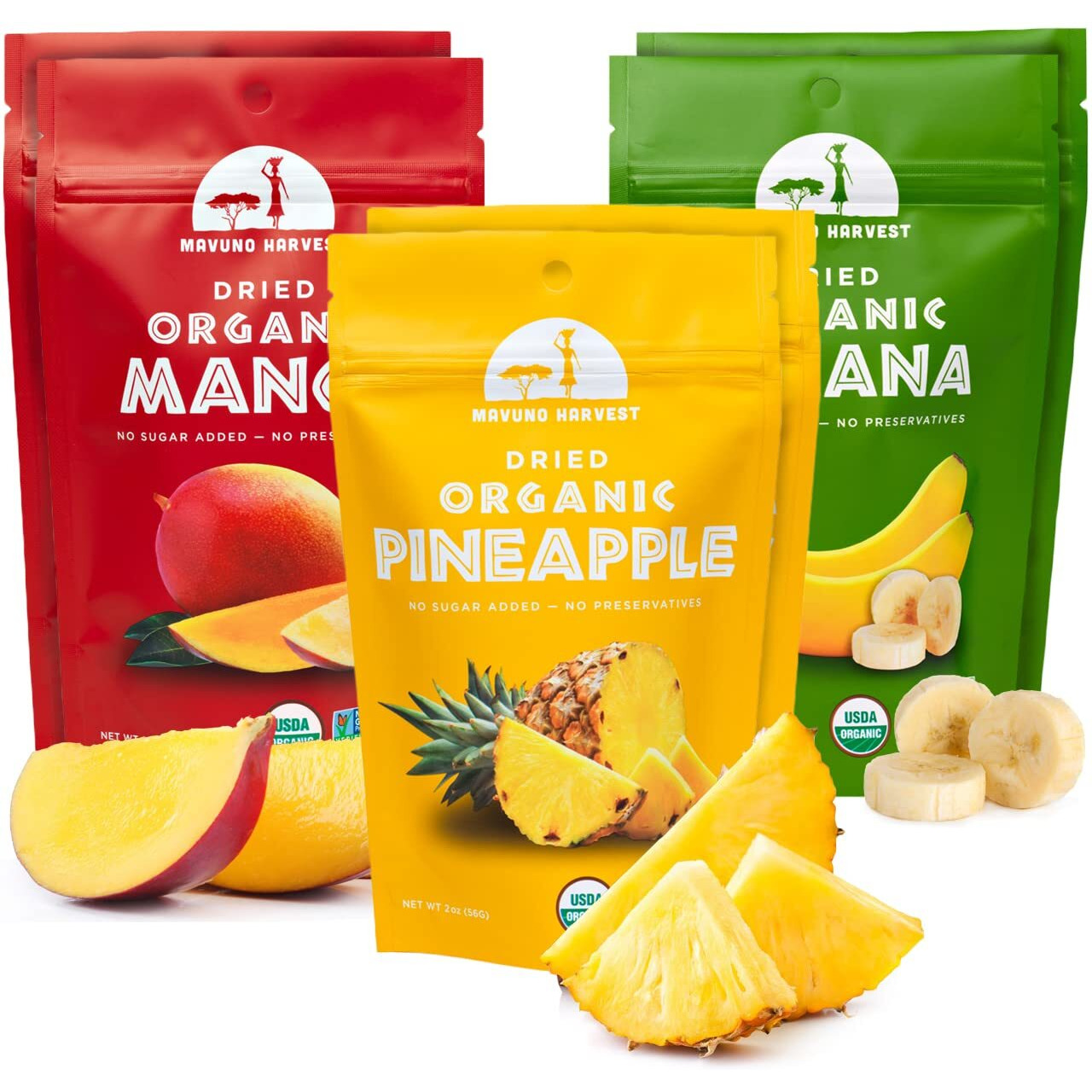 Mavuno Harvest Organic Dried Fruit Variety Pack | Dried Mango, Pineapple, And Banana | Healthy, Vegan, No Sugar Added, Non Gmo Snacks For Kids & Adults | 2 Ounce, Pack Of 6