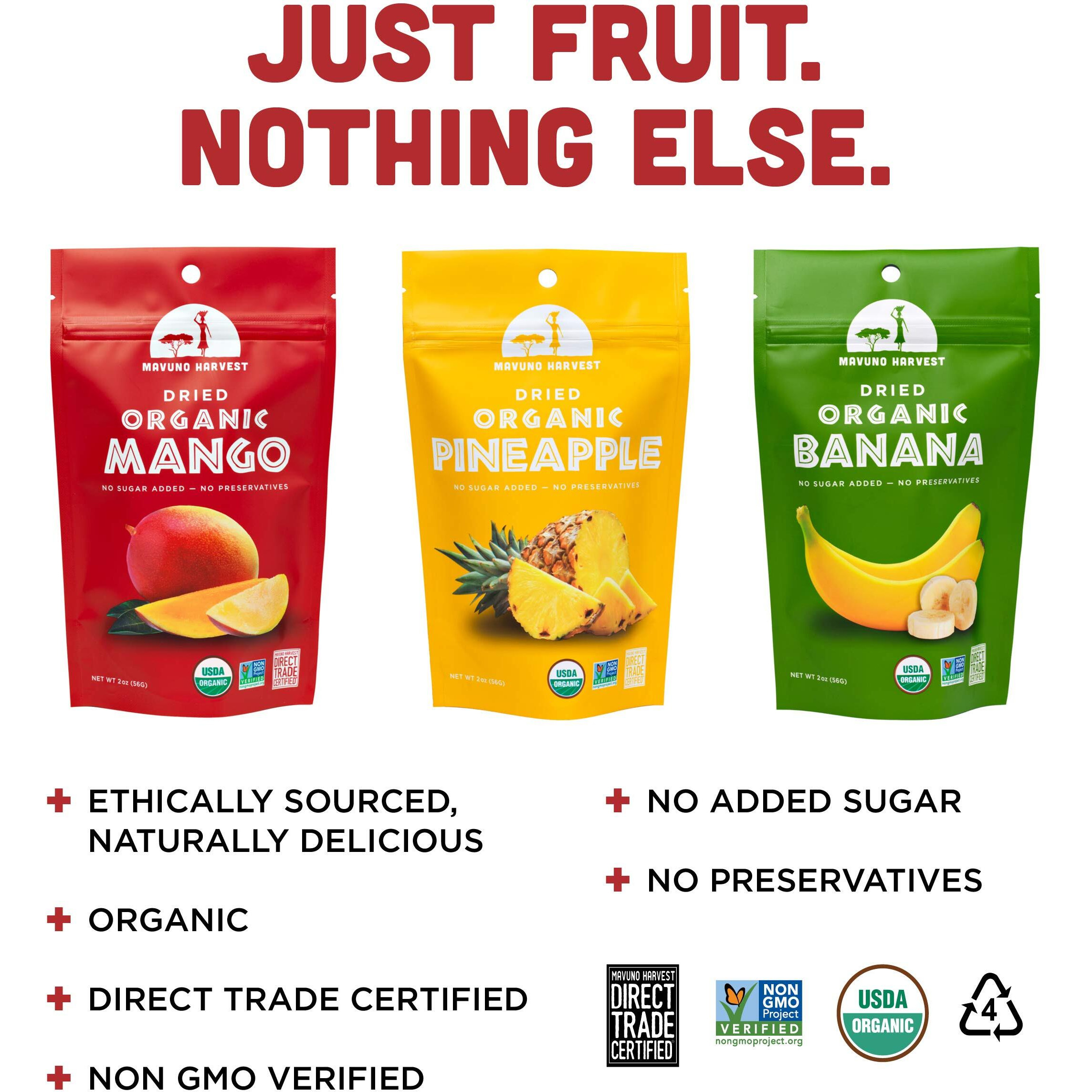 Mavuno Harvest Organic Dried Fruit Variety Pack | Dried Mango, Pineapple, And Banana | Healthy, Vegan, No Sugar Added, Non Gmo Snacks For Kids & Adults | 2 Ounce, Pack Of 6