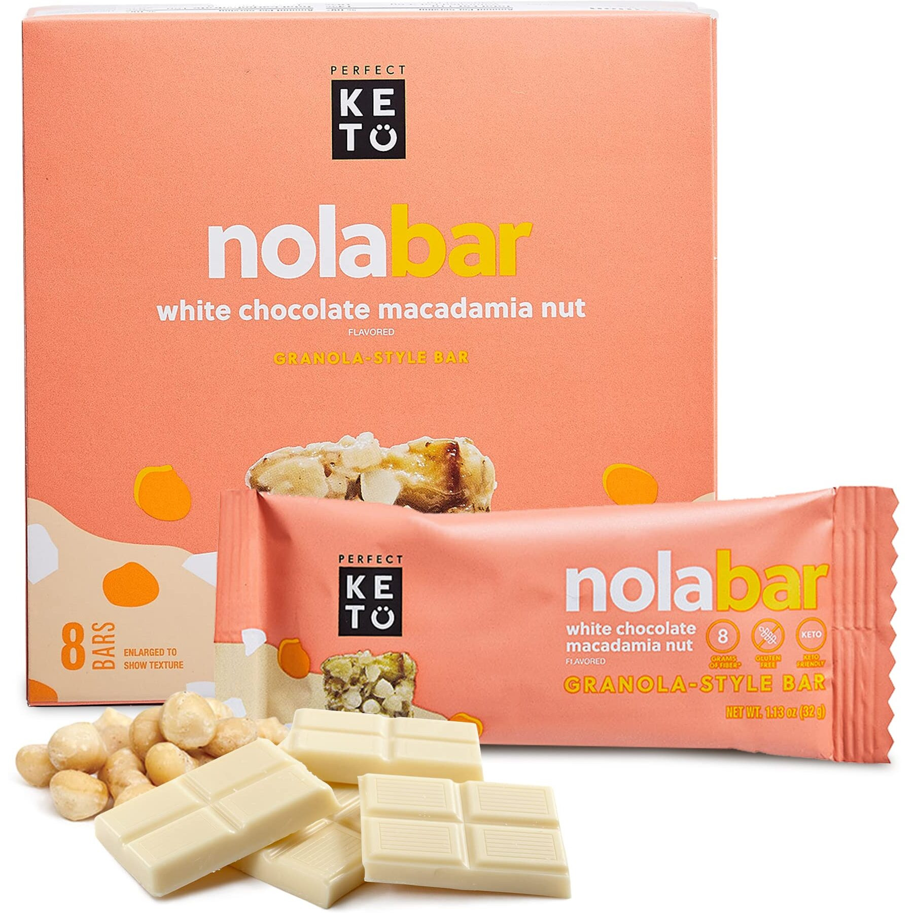 Perfect Keto Nola Bars, Gluten Free, Keto Granola Bars, Low Carb Snack Or Breakfast Bar With No Sugar Added, Keto Diet Food, Healthy Snacks For Adults, 2G Net Carb, White Chocolate Macadamia, 8 Pack