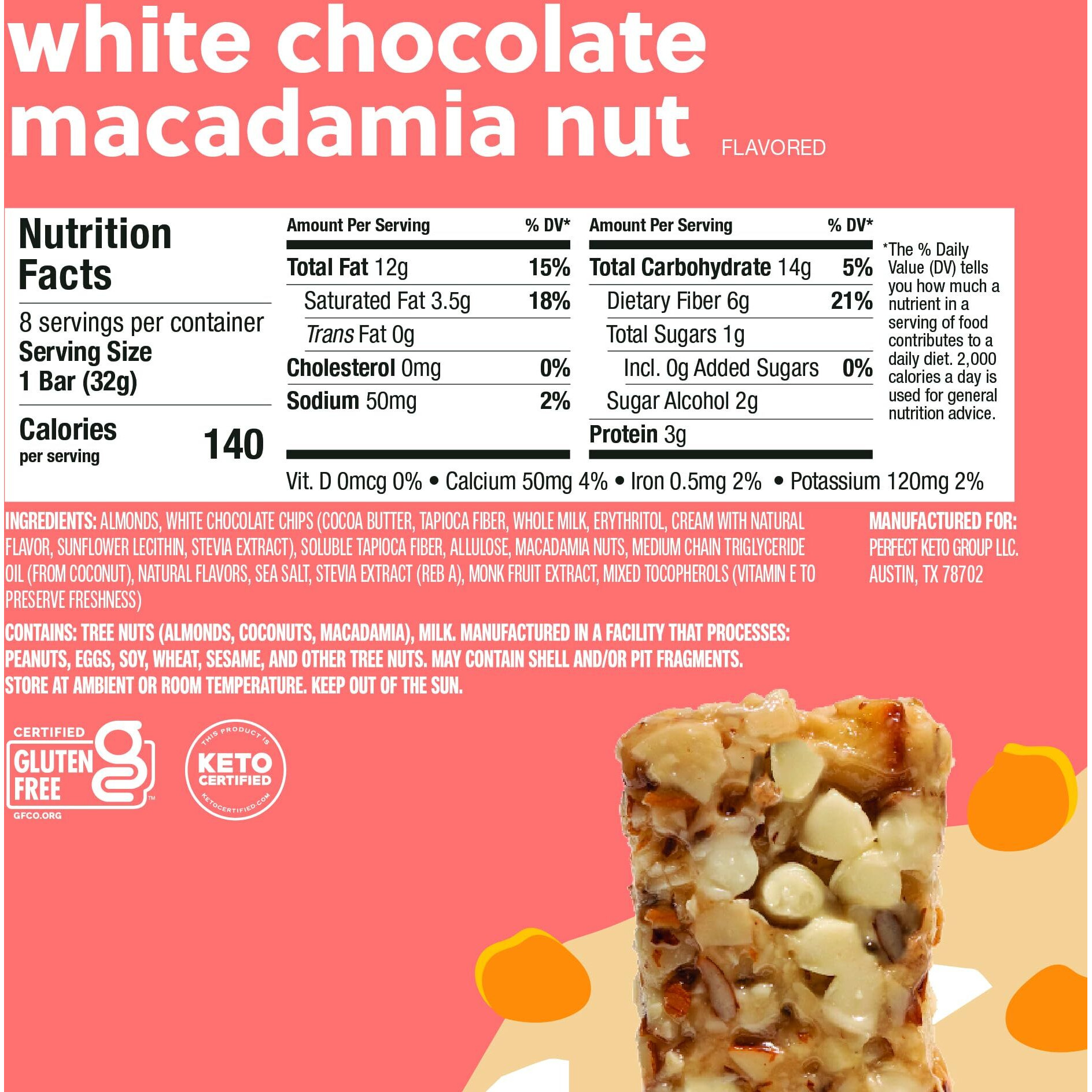 Perfect Keto Nola Bars, Gluten Free, Keto Granola Bars, Low Carb Snack Or Breakfast Bar With No Sugar Added, Keto Diet Food, Healthy Snacks For Adults, 2G Net Carb, White Chocolate Macadamia, 8 Pack