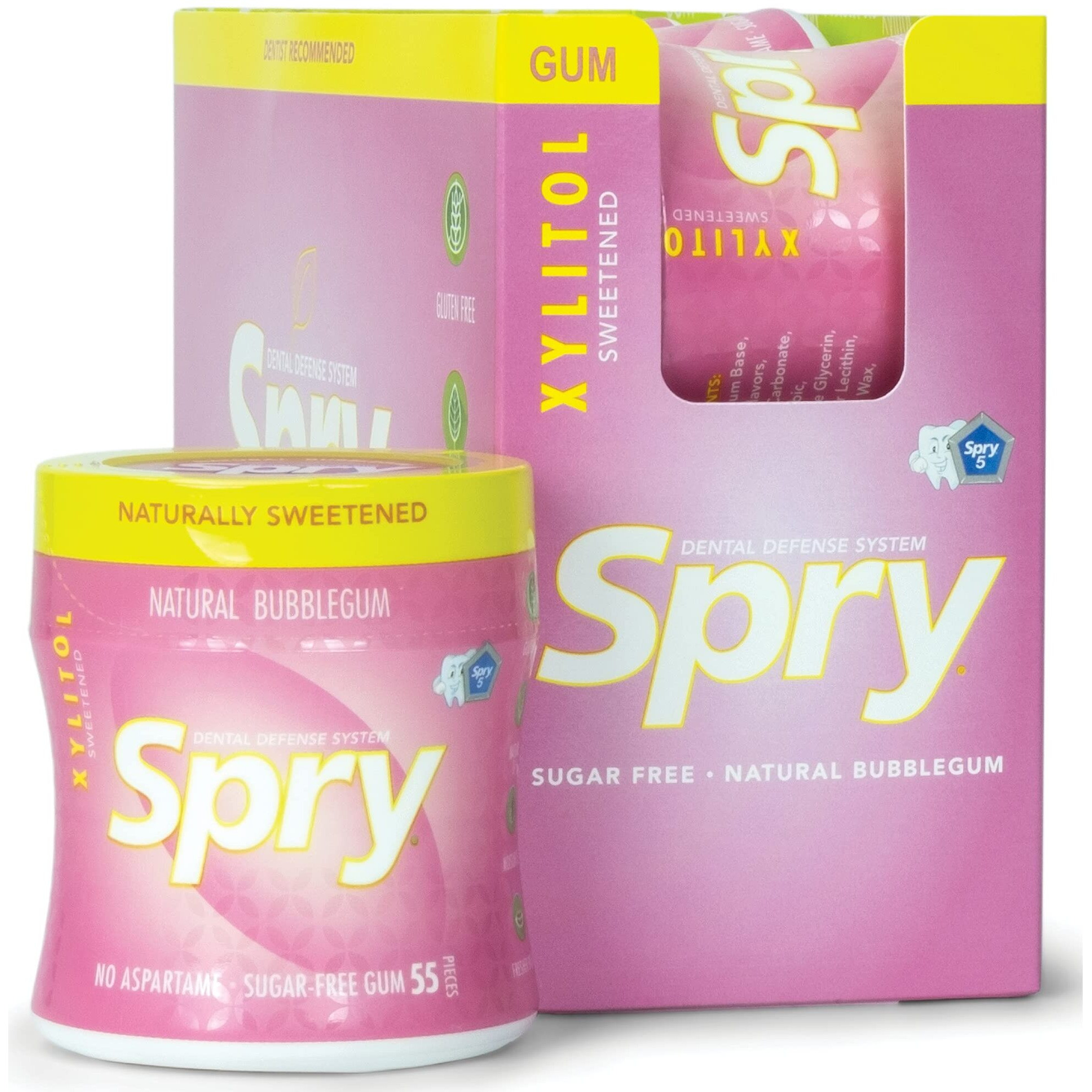Spry Fresh Natural Xylitol Stronger Longer Chewing Gum Dental Defense System Aspartame-Free Sugar Free Gum (Bubble Gum, 55 Count - Pack Of 6)