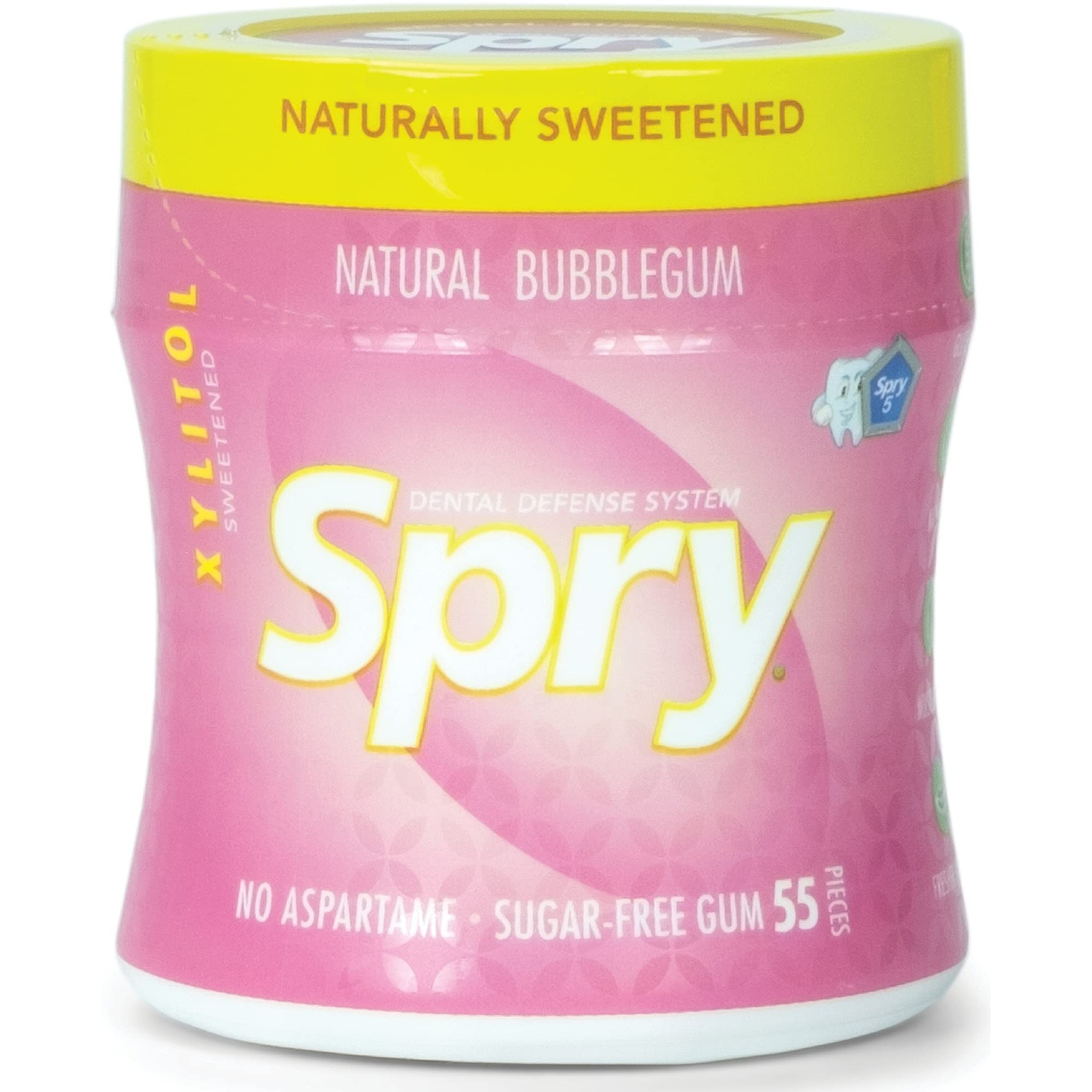 Spry Fresh Natural Xylitol Stronger Longer Chewing Gum Dental Defense System Aspartame-Free Sugar Free Gum (Bubble Gum, 55 Count - Pack Of 6)
