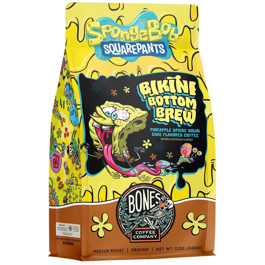 Bones Coffee Company Bikini Bottom Brew Whole Coffee Beans Beans Pineapple Upside Down Cake Flavor, Low Acid Flavored Coffee Made With Arabica Beans, Medium Roast Coffee Inspired By Spongebob (12 Oz)
