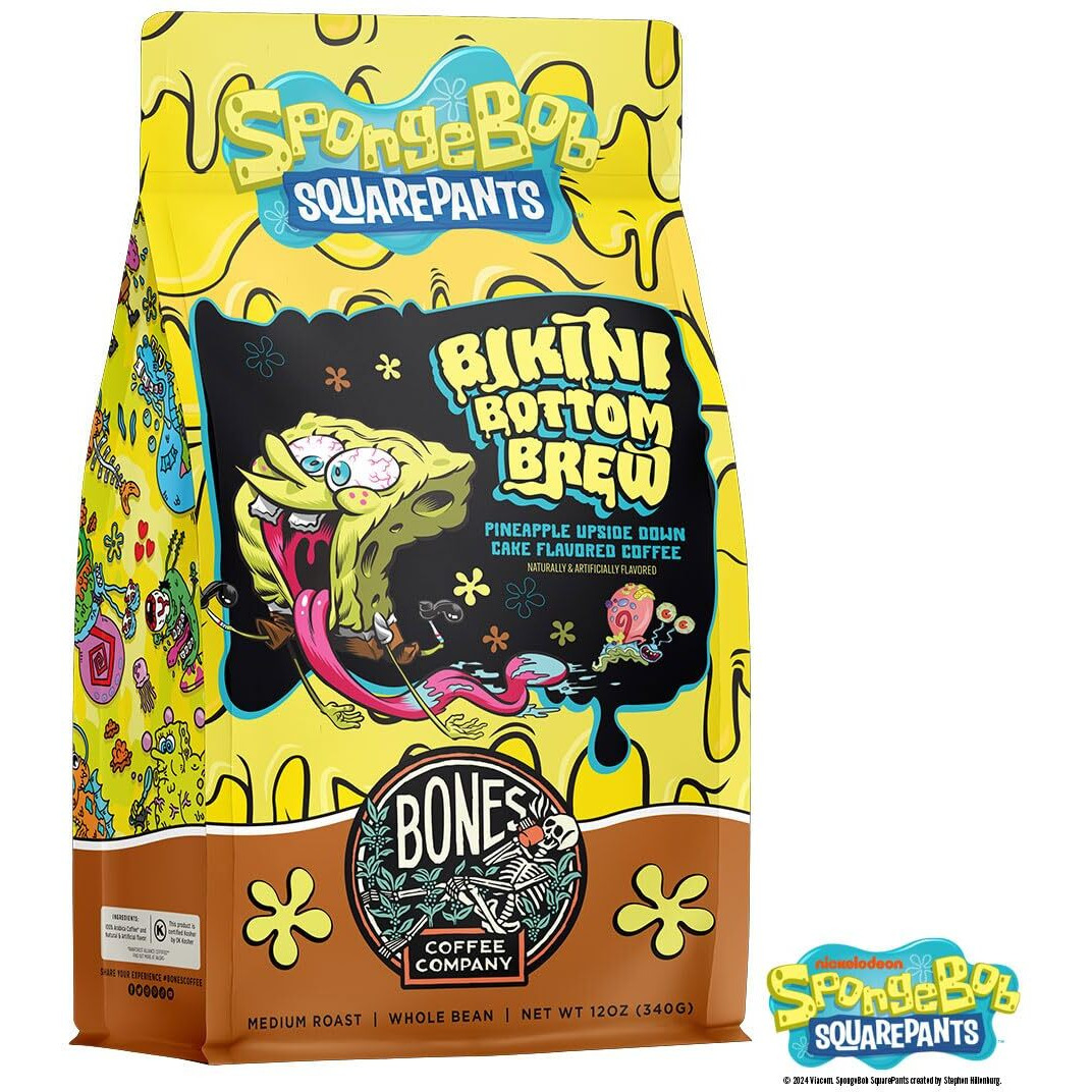 Bones Coffee Company Bikini Bottom Brew Whole Coffee Beans Beans Pineapple Upside Down Cake Flavor, Low Acid Flavored Coffee Made With Arabica Beans, Medium Roast Coffee Inspired By Spongebob (12 Oz)