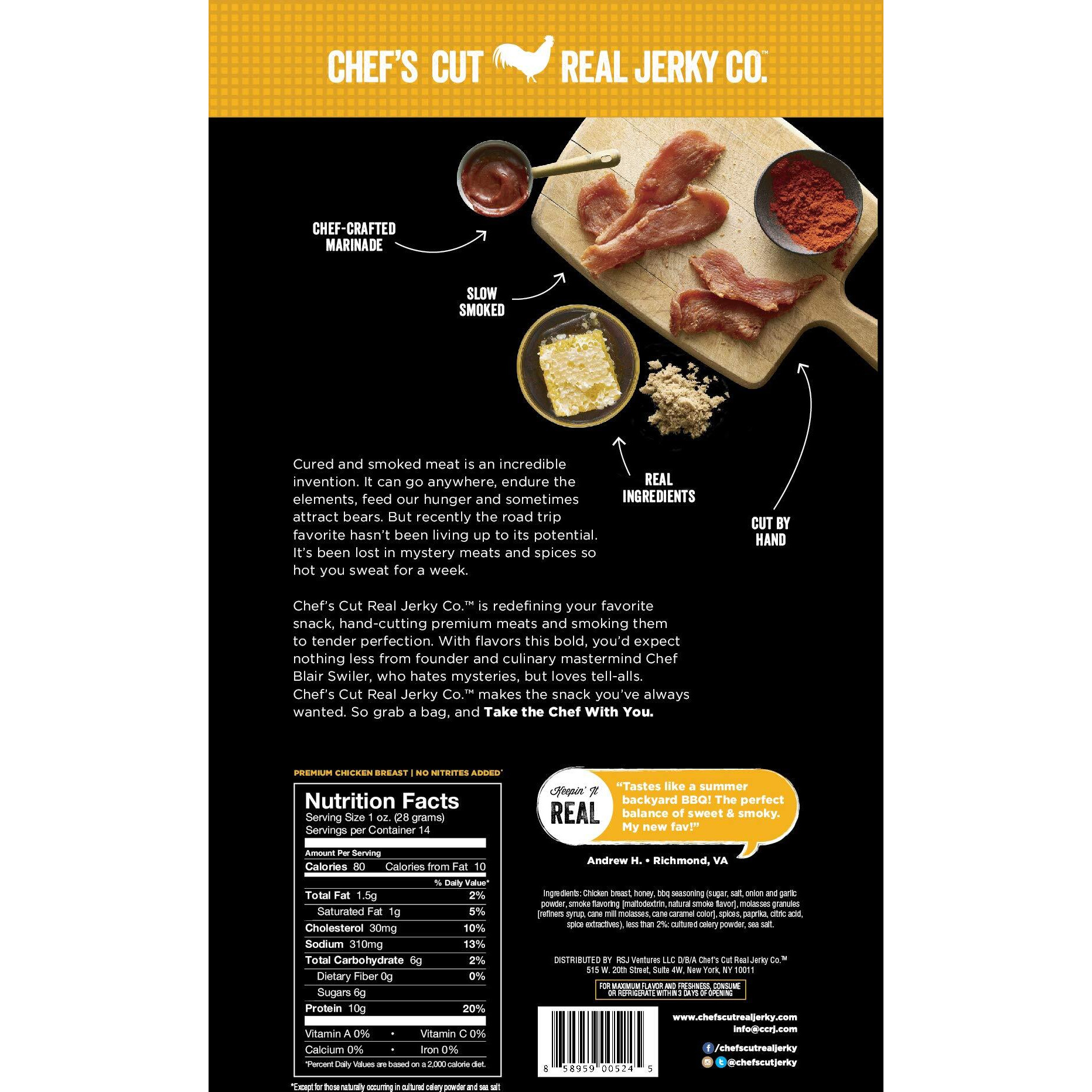 Chef's Cut Chicken Jerky, Honey Barbecue, High Protein Meat Snack, 10G Of Protein And 80 Calories, Gluten Free, Premium Smoked Chicken Breast - 14 Ounce