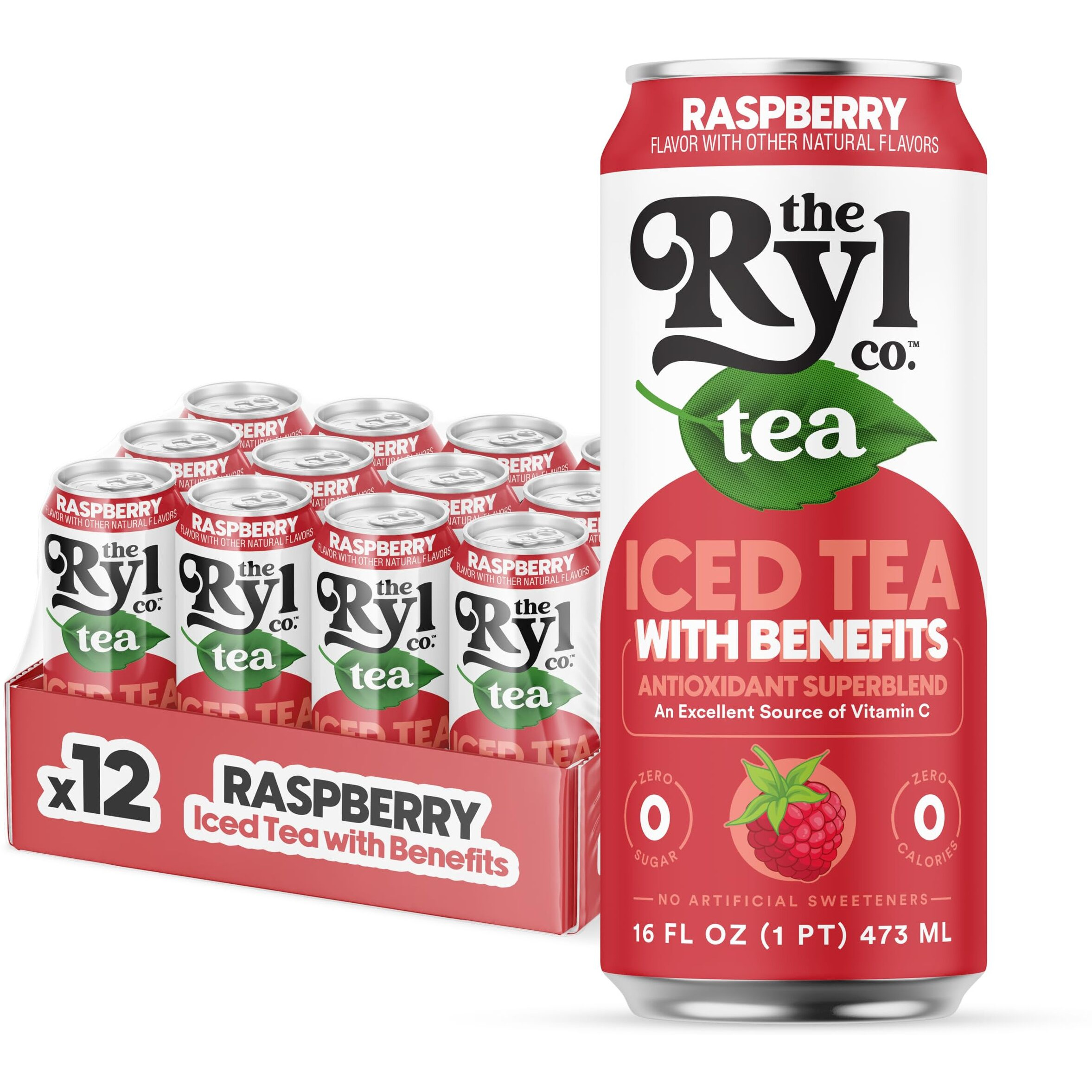 Ryl Iced Tea, Raspberry, Antioxidant Superblend, Zero Sugar, Low Carb, Zero Calorie Iced Tea, 16.0 Fl Oz (12-Pack)