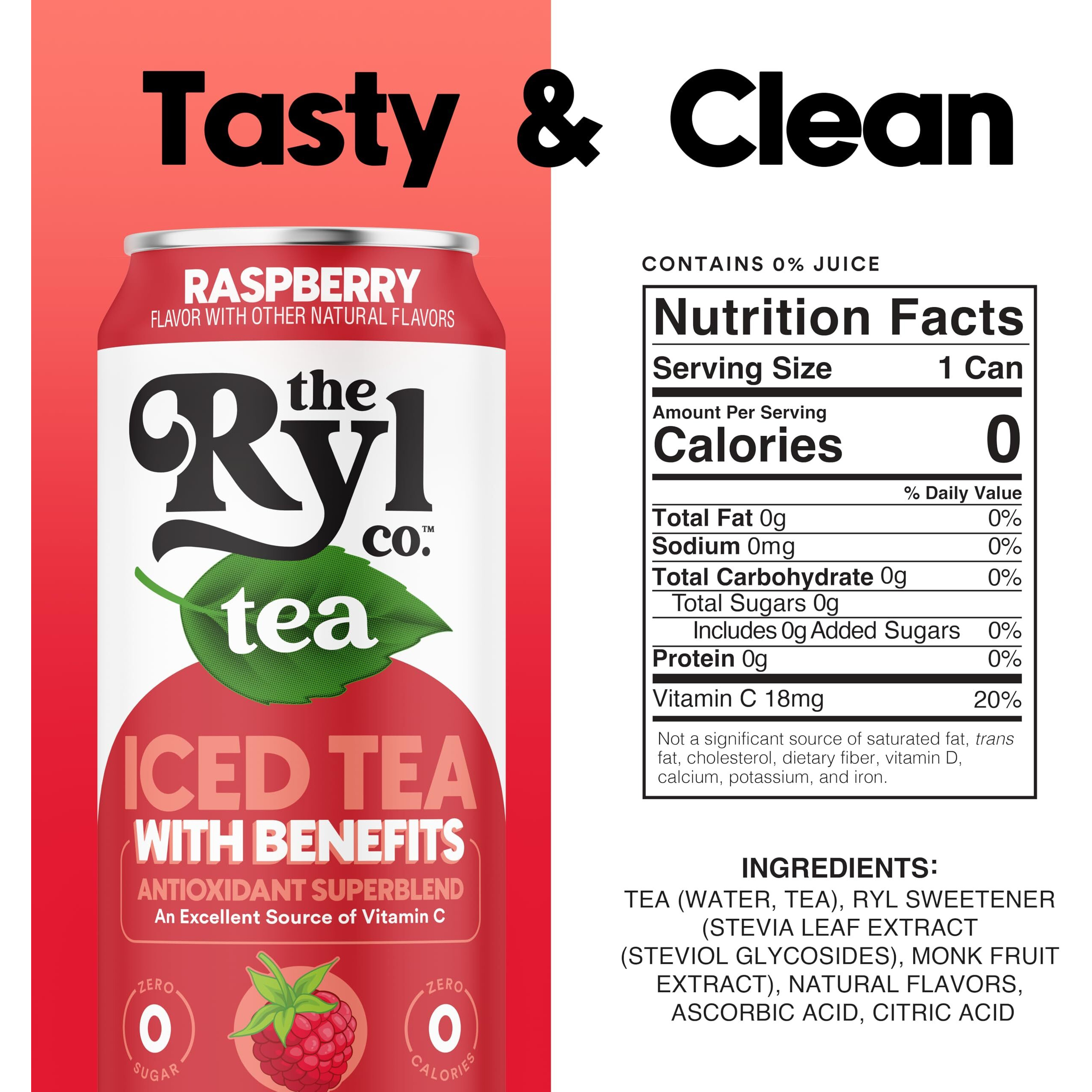 Ryl Iced Tea, Raspberry, Antioxidant Superblend, Zero Sugar, Low Carb, Zero Calorie Iced Tea, 16.0 Fl Oz (12-Pack)