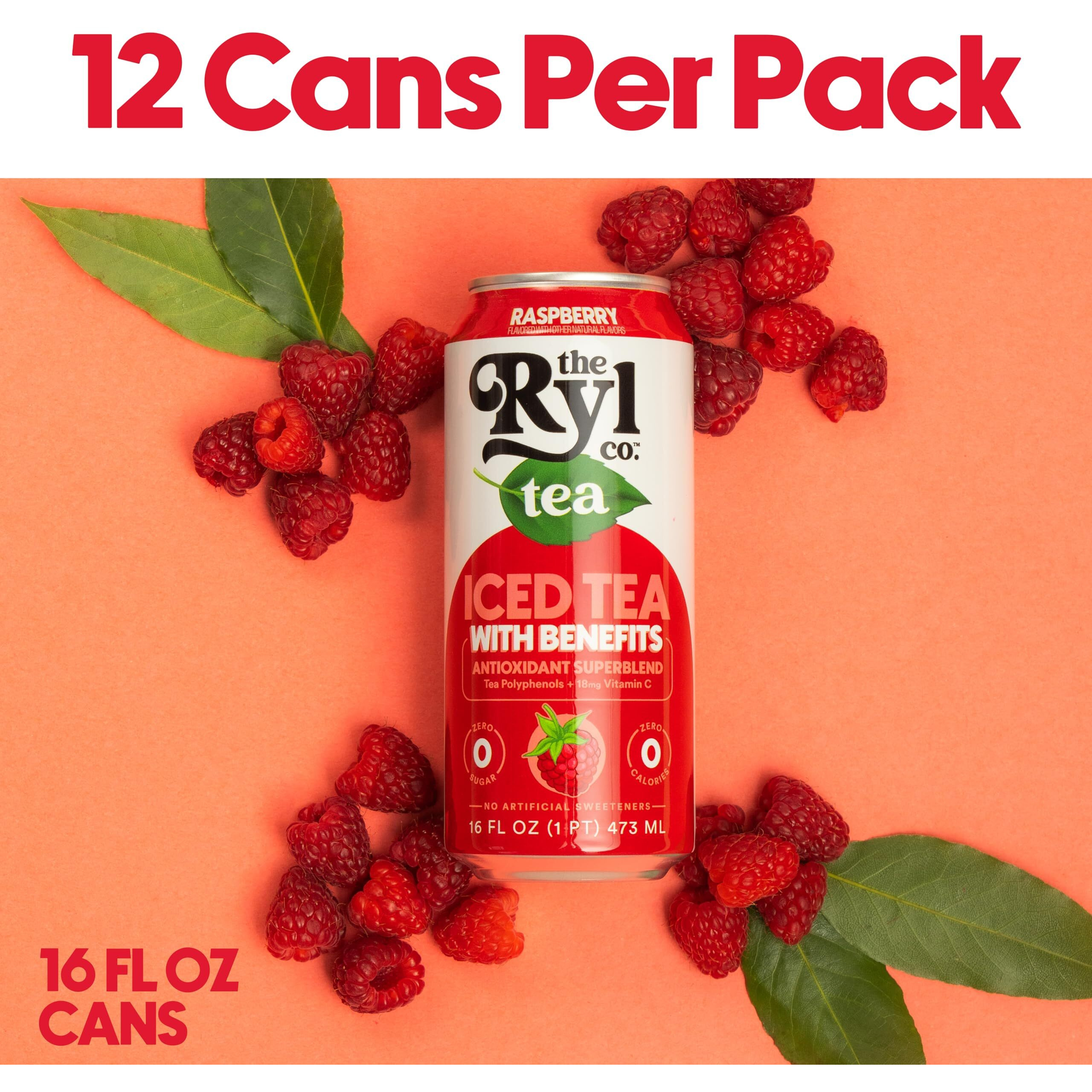 Ryl Iced Tea, Raspberry, Antioxidant Superblend, Zero Sugar, Low Carb, Zero Calorie Iced Tea, 16.0 Fl Oz (12-Pack)