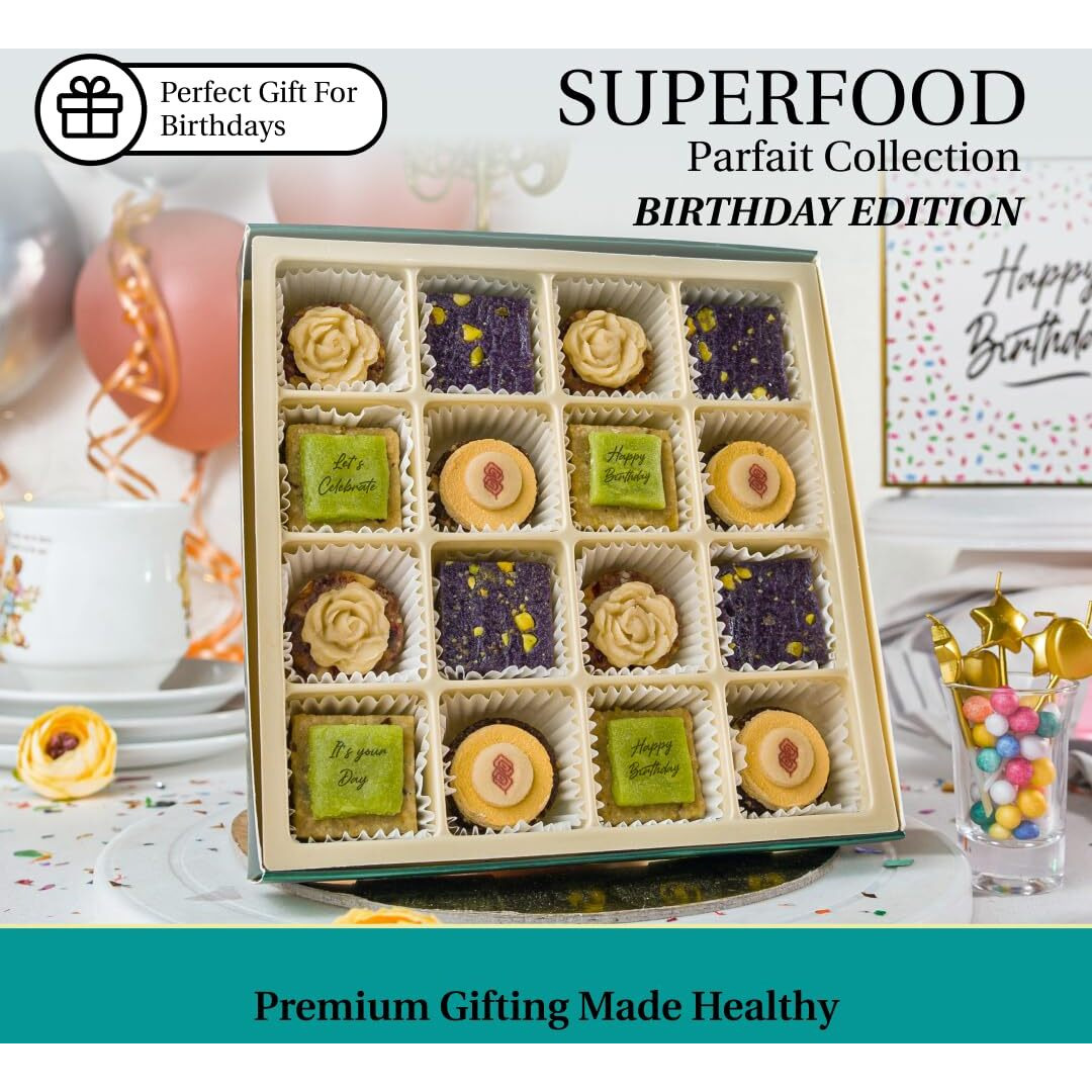 Laumire Gourmet Fruits - Superfood Parfait Collection [Birthday Edition] - Square (16 Pcs) - Happy Birthday Gifts For Women - All Natural Birthday Food Gifts - Healthy Birthday Gift