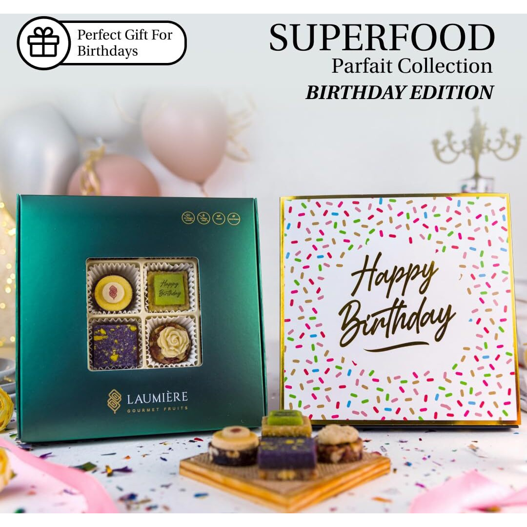 Laumire Gourmet Fruits - Superfood Parfait Collection [Birthday Edition] - Square (16 Pcs) - Happy Birthday Gifts For Women - All Natural Birthday Food Gifts - Healthy Birthday Gift