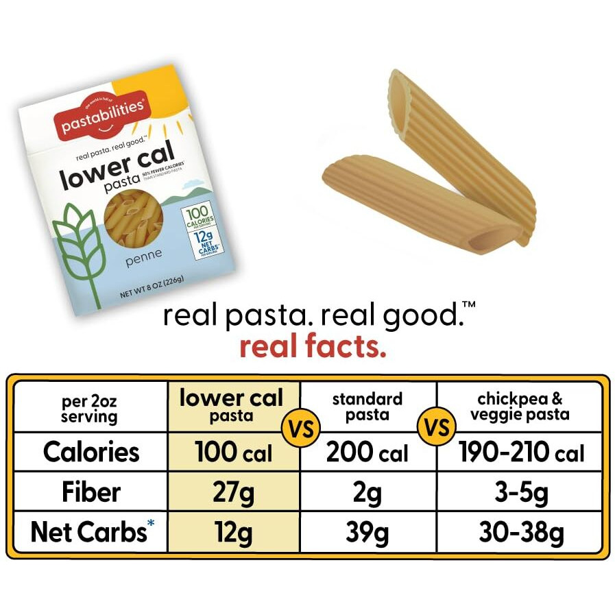Pastabilities, Lower Calorie Pasta, Ruffles - 100 Calories/Serving Low Net Carbs, Low Calorie, Non-Gmo, High Fiber, Vegan, Plant-Based, Enhanced Nutrients, Delicious Taste & Texture (8 Ounce, 6 Pack)