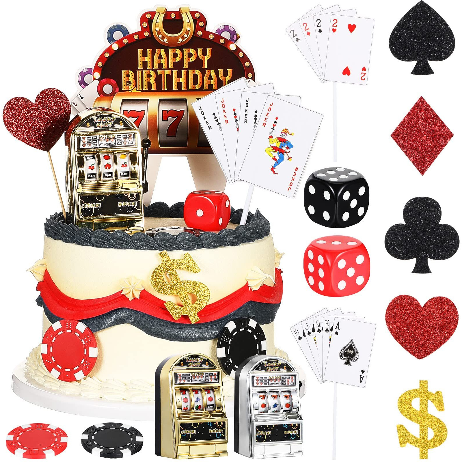 21 Pieces Casino Cake Decorations Set Includes Mini Slot Toy Machine Poker Cake Topper Casino Cupcake Toppers Casino Happy Birthday Cake Topper Poker Chips Dices For Las Vegas Scene Theme Parties