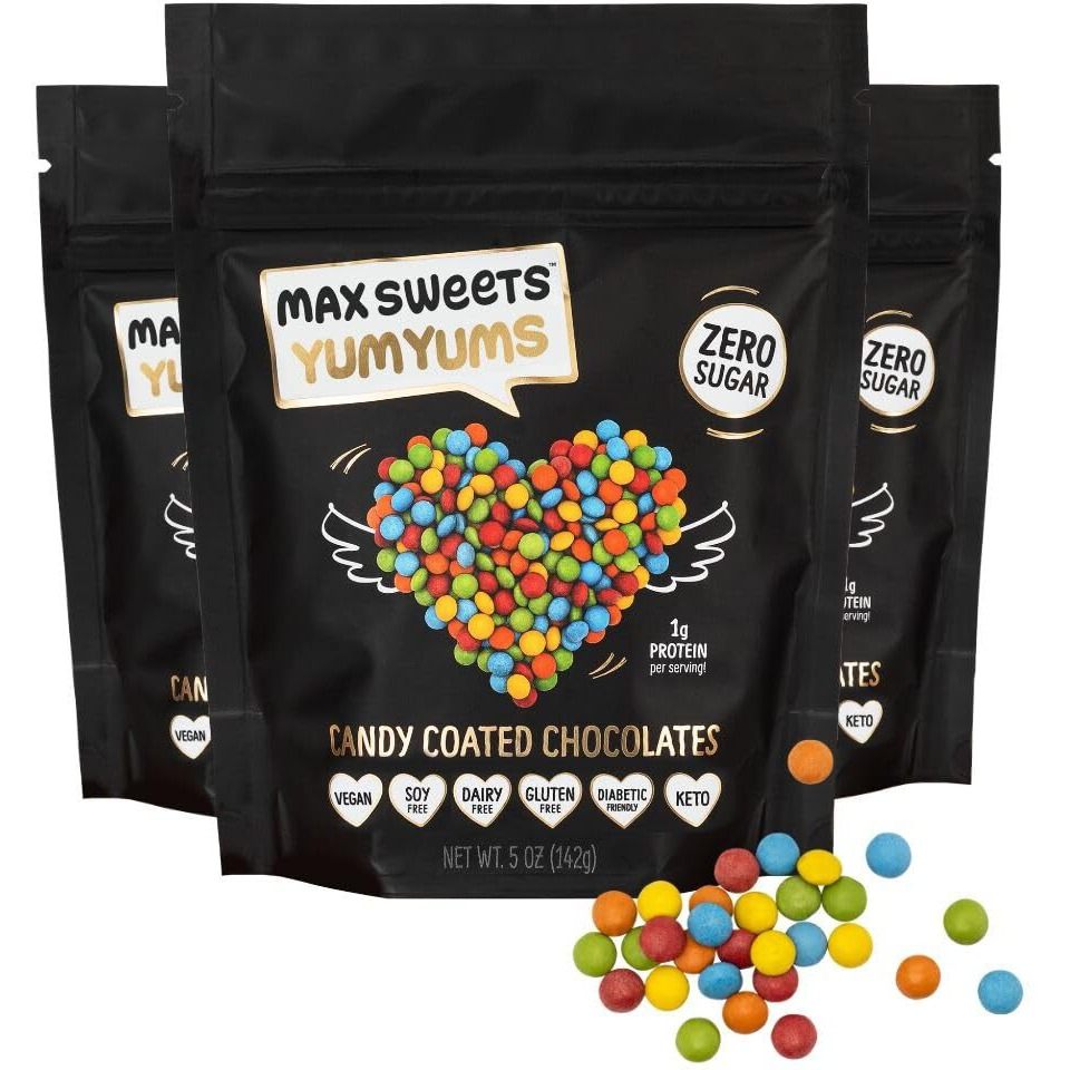 Max Sweets Dark Chocolate Yumyums - Delicious Sugar Free Candy Ideal For Keto, Gluten Free, Diabetic, Low Carb, No Sugar Diets - Vegan Chocolate With Candy Coating - 3 Pack
