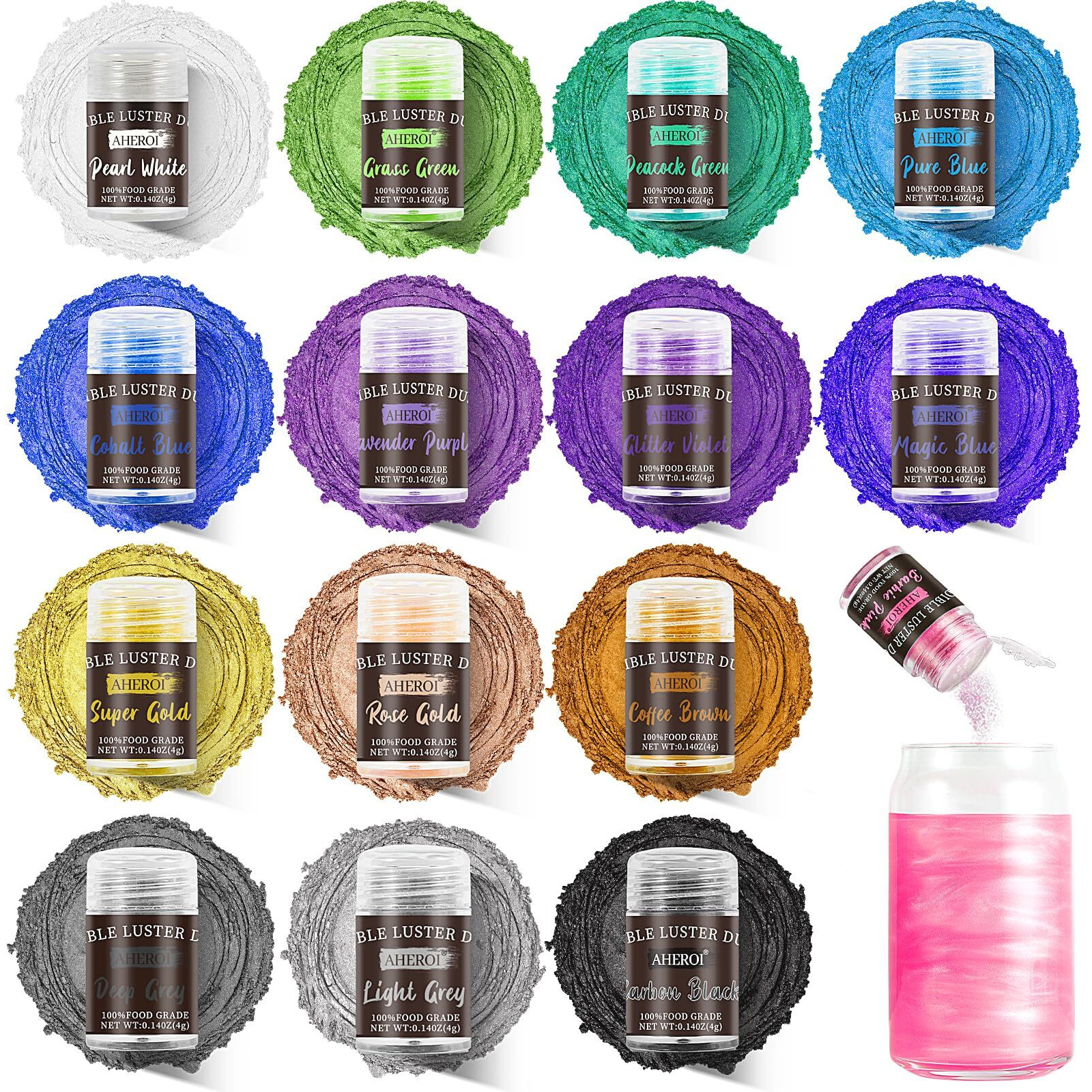 Aheroi Edible Glitter Set Of 15, Food Grade Edible Powder Ocktail Glitter Shimmering Glitter For Drinks, Luster Dust Sprinkles Powder Glitter For Fondant Cake Decorating(4G/0.14Oz)