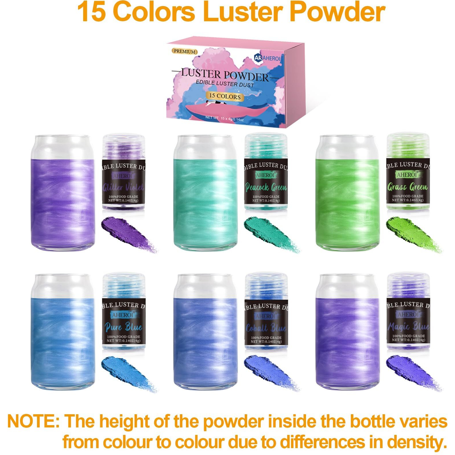 Aheroi Edible Glitter Set Of 15, Food Grade Edible Powder Ocktail Glitter Shimmering Glitter For Drinks, Luster Dust Sprinkles Powder Glitter For Fondant Cake Decorating(4G/0.14Oz)