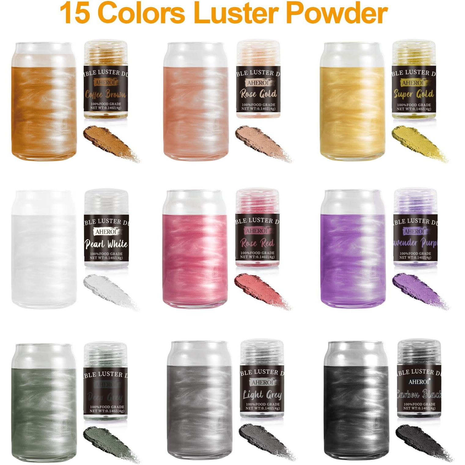 Aheroi Edible Glitter Set Of 15, Food Grade Edible Powder Ocktail Glitter Shimmering Glitter For Drinks, Luster Dust Sprinkles Powder Glitter For Fondant Cake Decorating(4G/0.14Oz)