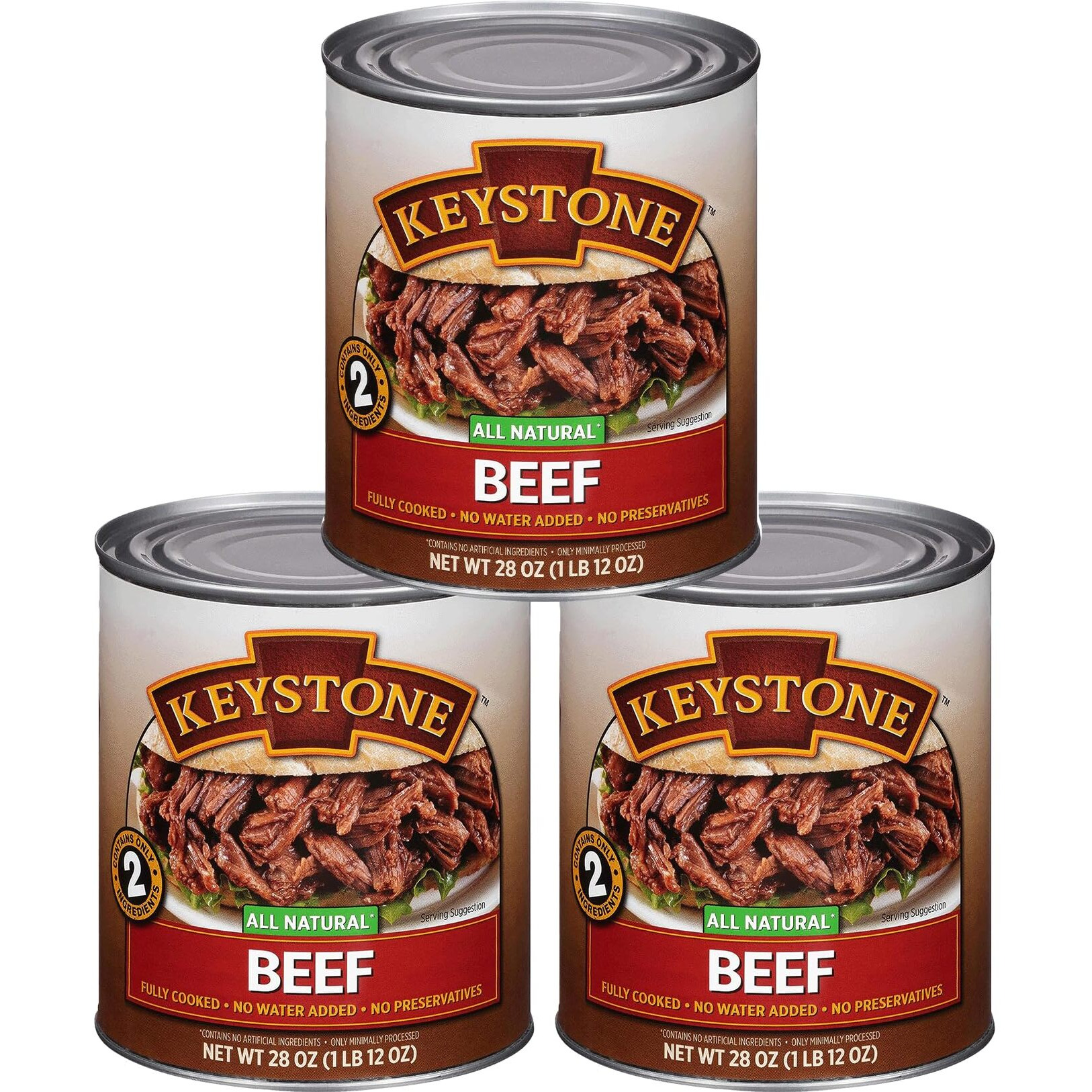 Keystone Meats All Natural Canned Beef 28 Ounce Long Term Shelf Life Emergency Survival Food Canned Meat | Fully Cooked Ready To Eat | No Water Added | Gluten Free No Carbs Family Pack Of 3