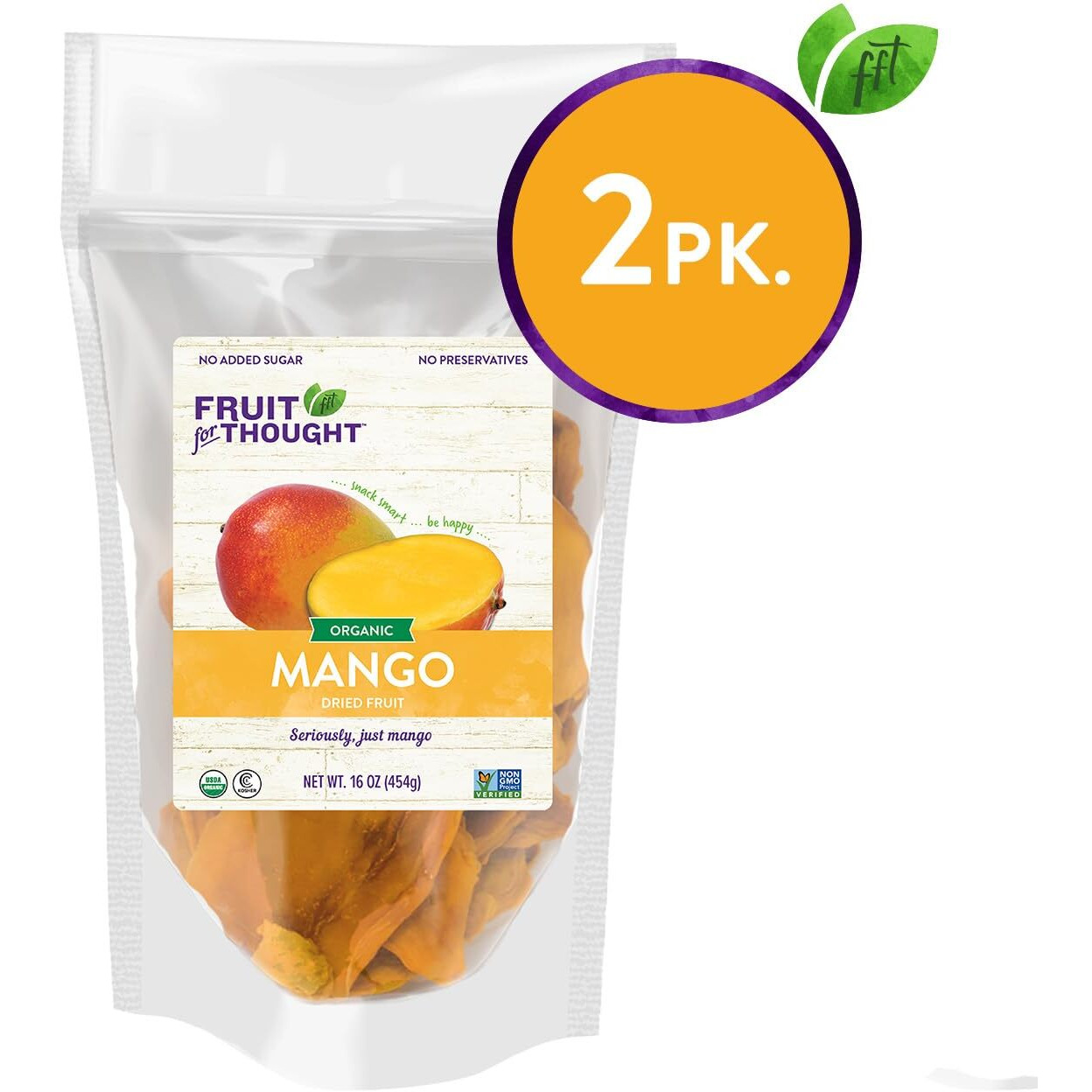Fruit For Thought Organic Dried Mango | Dried Fruit Snack Packs Ideal For The Family | No Sugar Added | At Home, Work, Or On The Go | 16 Ounce Bags Pack Of 2