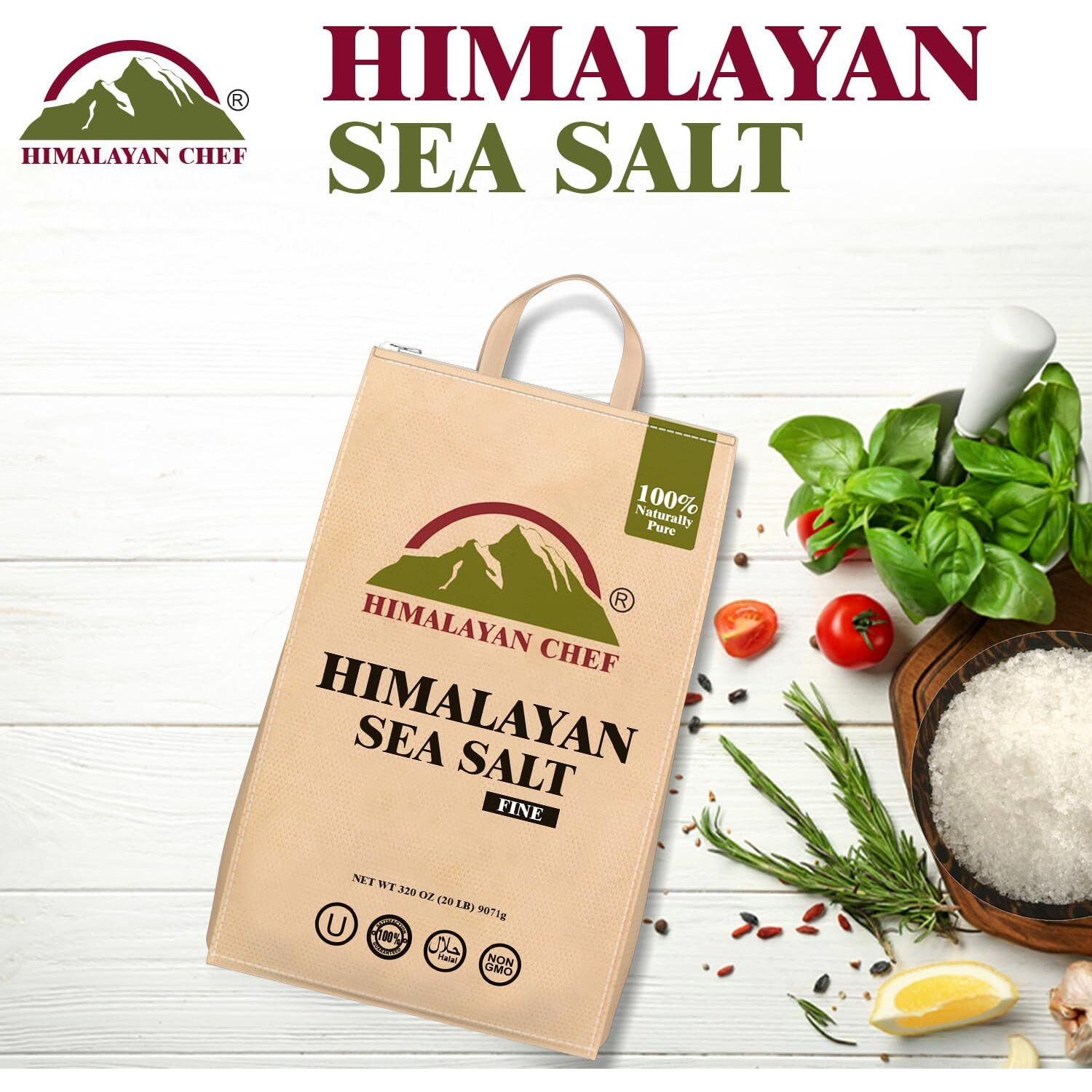 Himalayan Chef Gourmet Sea Salt, Fine Grain 320 Ounce, Classic Sea Salt, All-Natural & Pure, Unrefined, Gluten Free, Sea Salt For Daily Cooking, 20 Lbs/Each, Pack Of 2