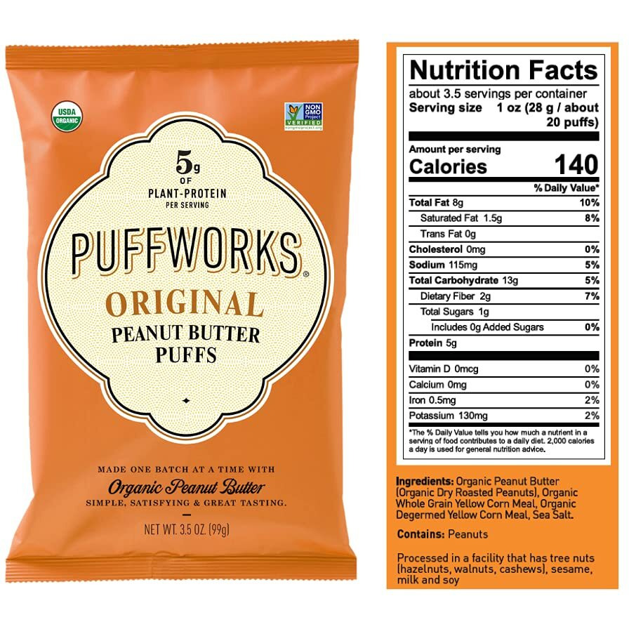 Puffworks Original Organic Peanut Butter Puffs, Plant-Based Protein Snack, Gluten- And Rice-Free, Vegan, Kosher, 3.5 Ounce (Pack Of 3)