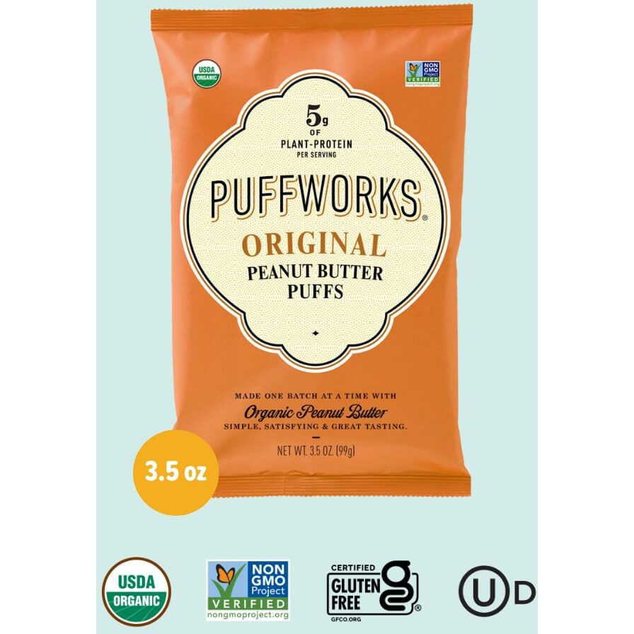 Puffworks Original Organic Peanut Butter Puffs, Plant-Based Protein Snack, Gluten- And Rice-Free, Vegan, Kosher, 3.5 Ounce (Pack Of 3)