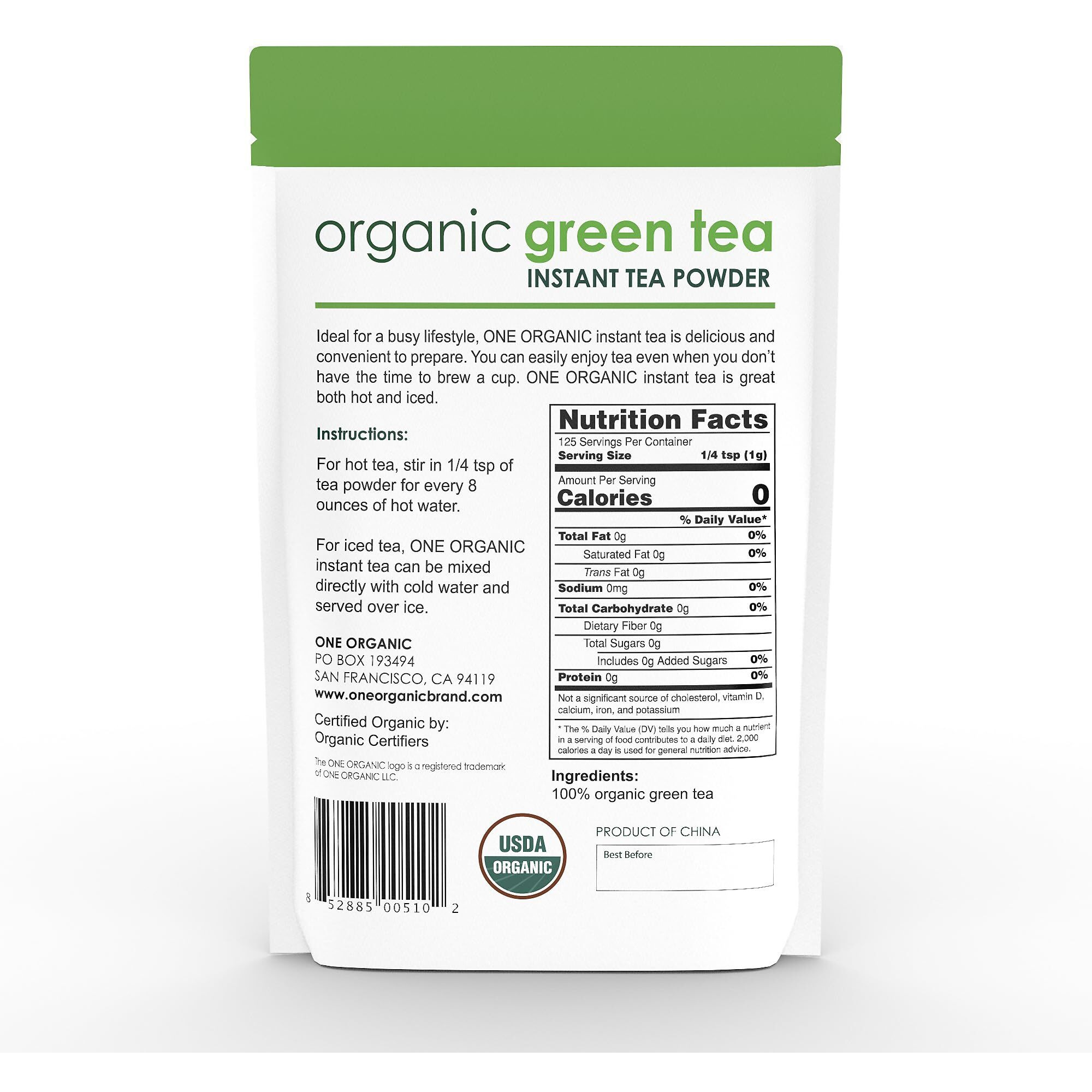 One Organic Instant Tea Powder (Green) - 4.4 Oz. - 125 Servings - Usda Certified Organic - 100% Pure Tea - Instant Hot Or Iced Tea - Unsweetened