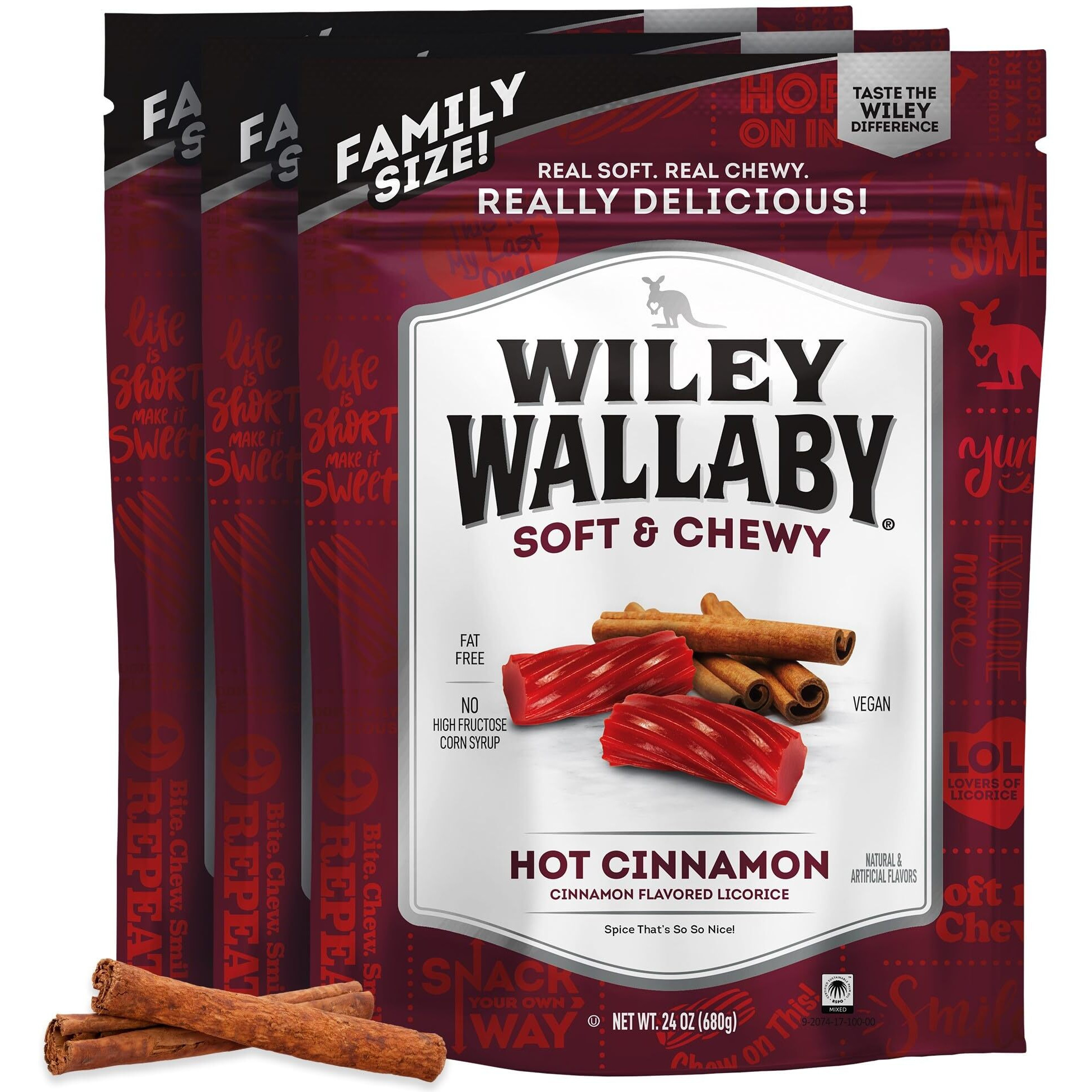 Wiley Wallaby Licorice 24 Ounce Classic Gourmet Soft & Chewy Australian Cinnamon Licorice Candy Twists, 3 Pack