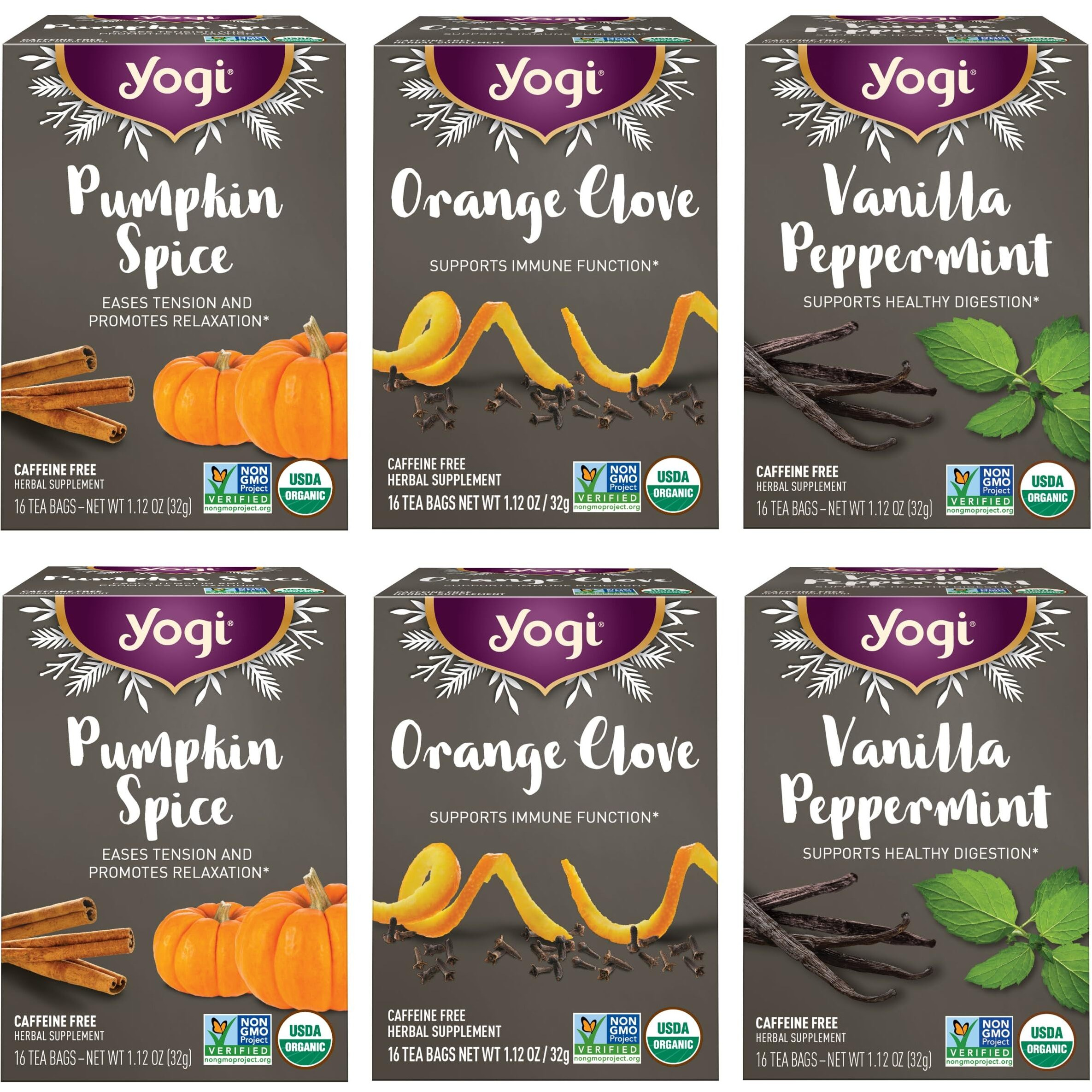 Yogi Tea Holiday Tea Variety Pack - 16 Tea Bags Per Pack (6 Packs) - Holiday Tea Sampler - Includes 2 Vanilla Peppermint Teas, 2 Orange Clove Teas & 2 Pumpkin Spice Teas - Seasonal Tea Sampler Set