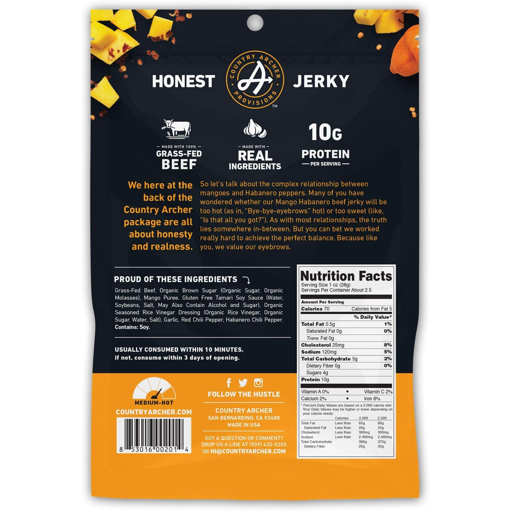 Country Archer Grass-Fed Beef Jerky - Beef Jerky Snack Pack, Beef Jerky Bulk, Individual Beef Jerky Pack, Protein Snack, Country Archer Beef Jerky, Gluten Free, Paleo - Mango Habanero, 2.5 Oz (4 Pack)