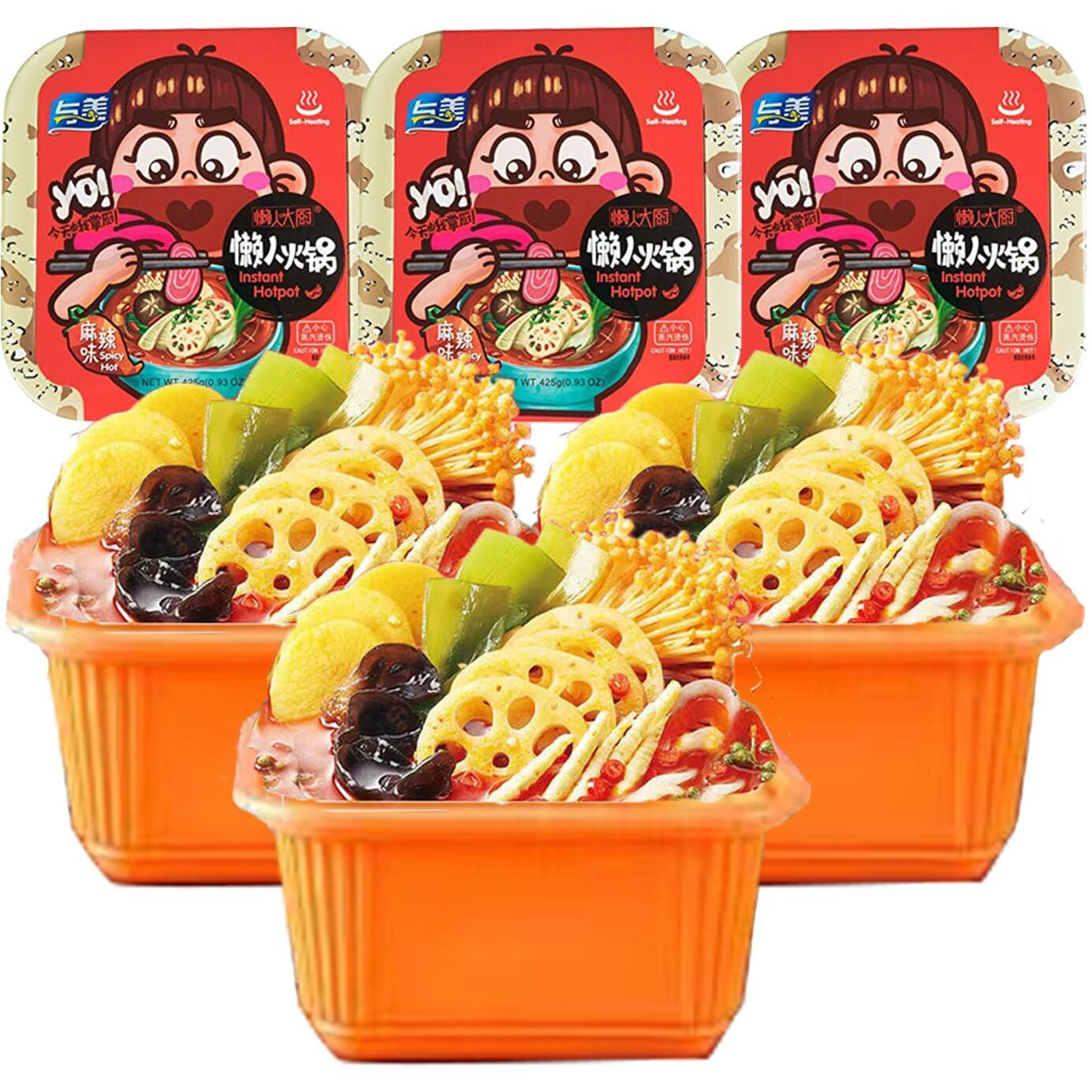Yumei 3 Pack Instant Hotpot Meal Self Heating Hot Pot Ramen Noodle 2.8 Lb, 4 Flavors Available(Spicy & Hot)