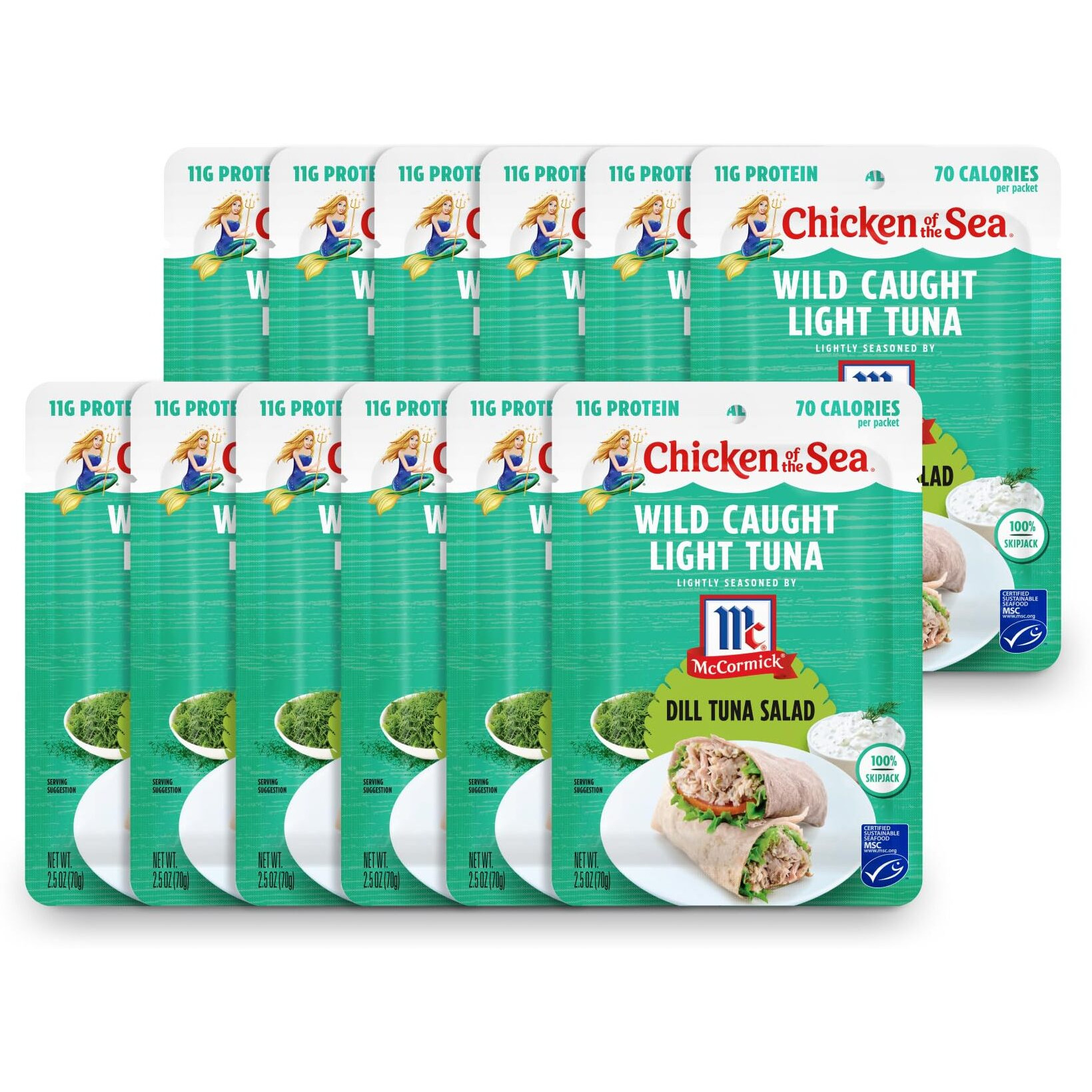 Chicken Of The Sea Wild Caught Light Tuna, 2.5 Ounce Packets (Box Of 12), Lightly Seasoned Dill Tuna Salad